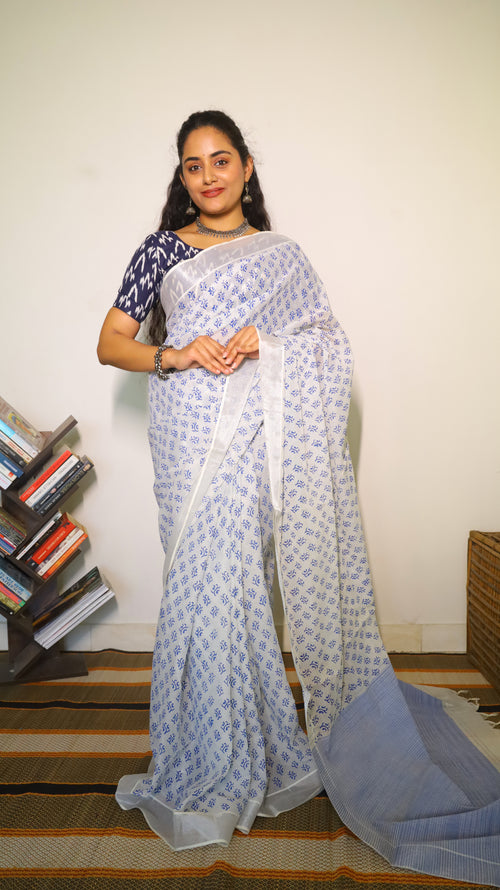 Everyday comfort white cotton block print saree with leaf buttas in blue - BOOMIKA