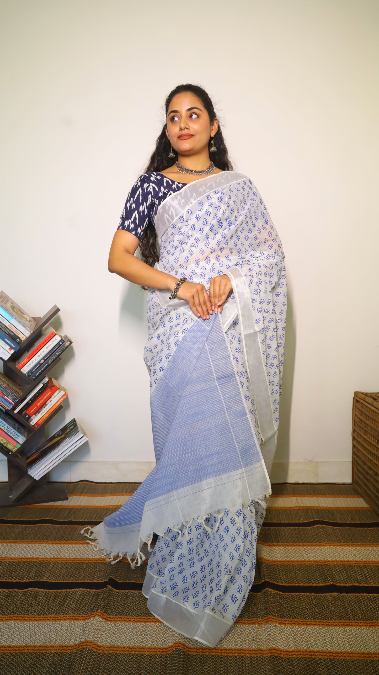 Everyday comfort white cotton block print saree with leaf buttas in blue - BOOMIKA