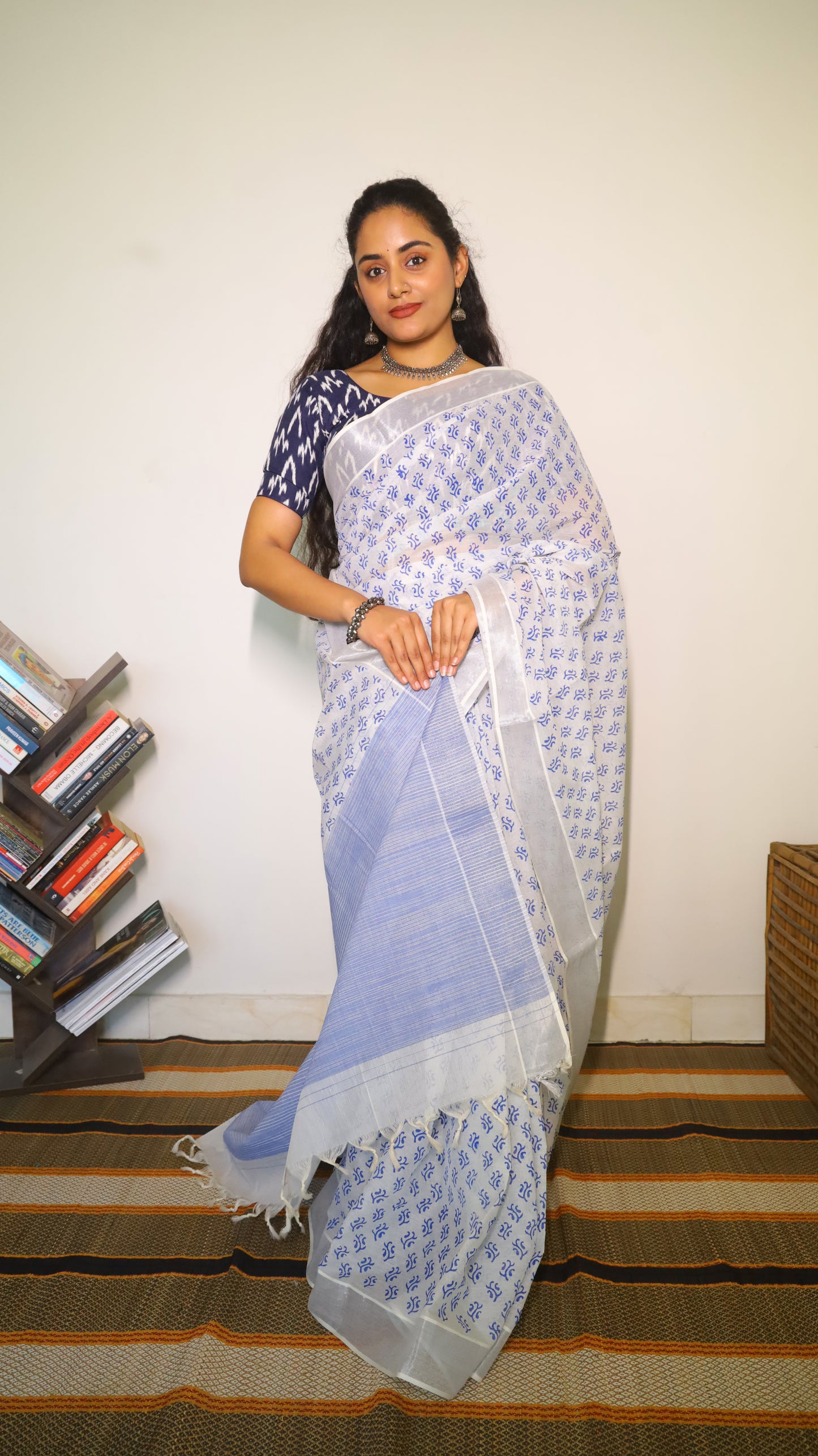 Everyday comfort white cotton block print saree with leaf buttas in blue - BOOMIKA