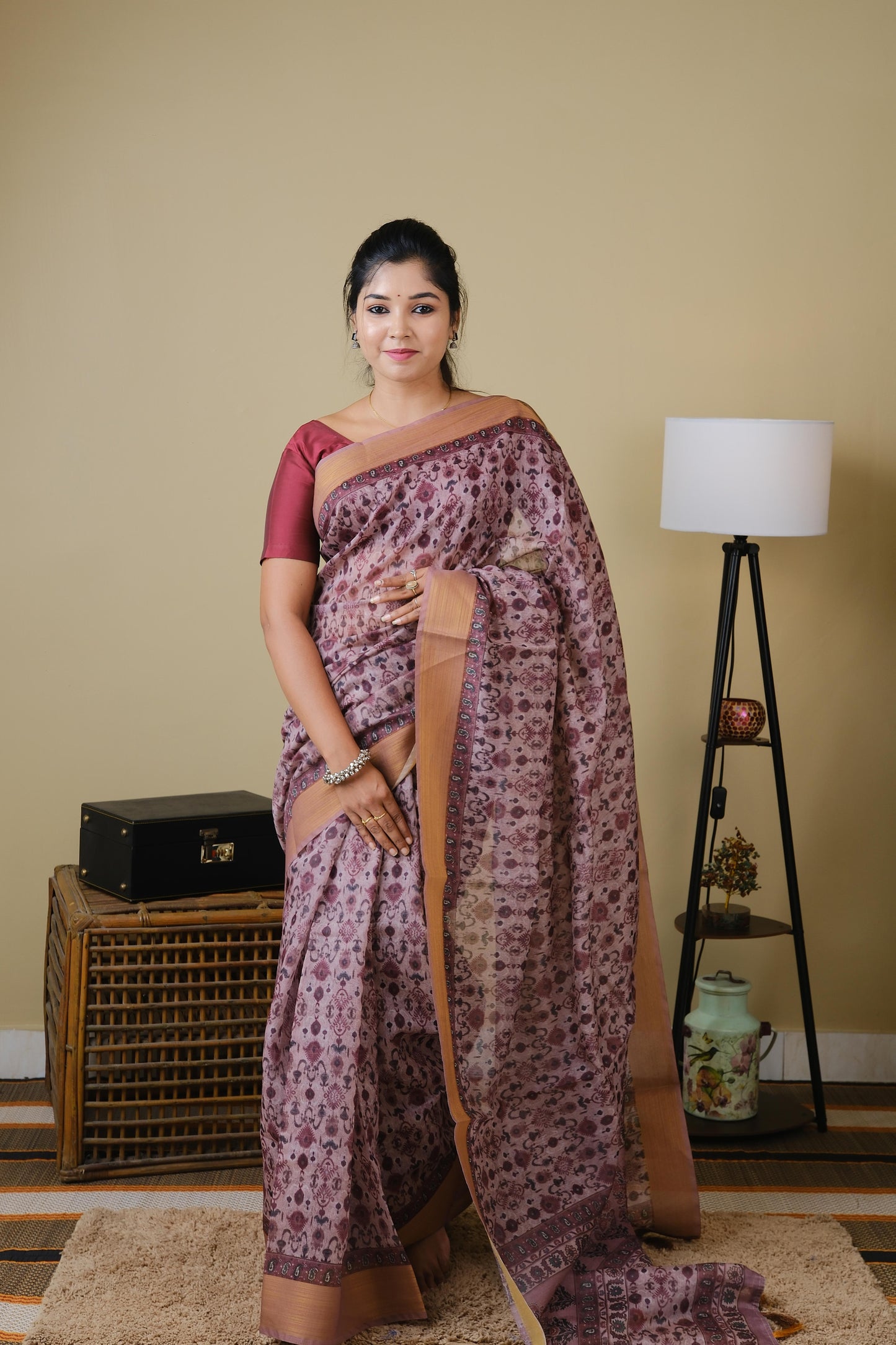 Soft cotton in mauve tribal prints and mocha brown self zari border - BOOMIKA
