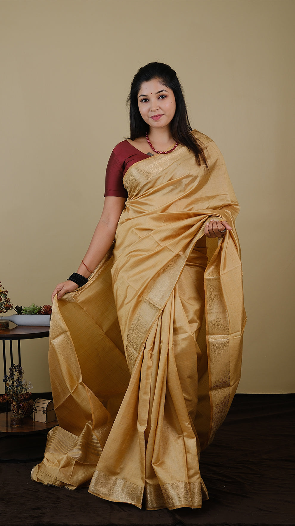 Semi soft silk in sandal with double zari border and striped pallu - AVANTHIKA (20005003)