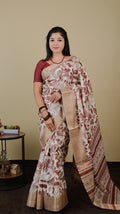 Digital saree in off white and brown with leaf motifs and light gold zari border - KRITHIKA (40012007)