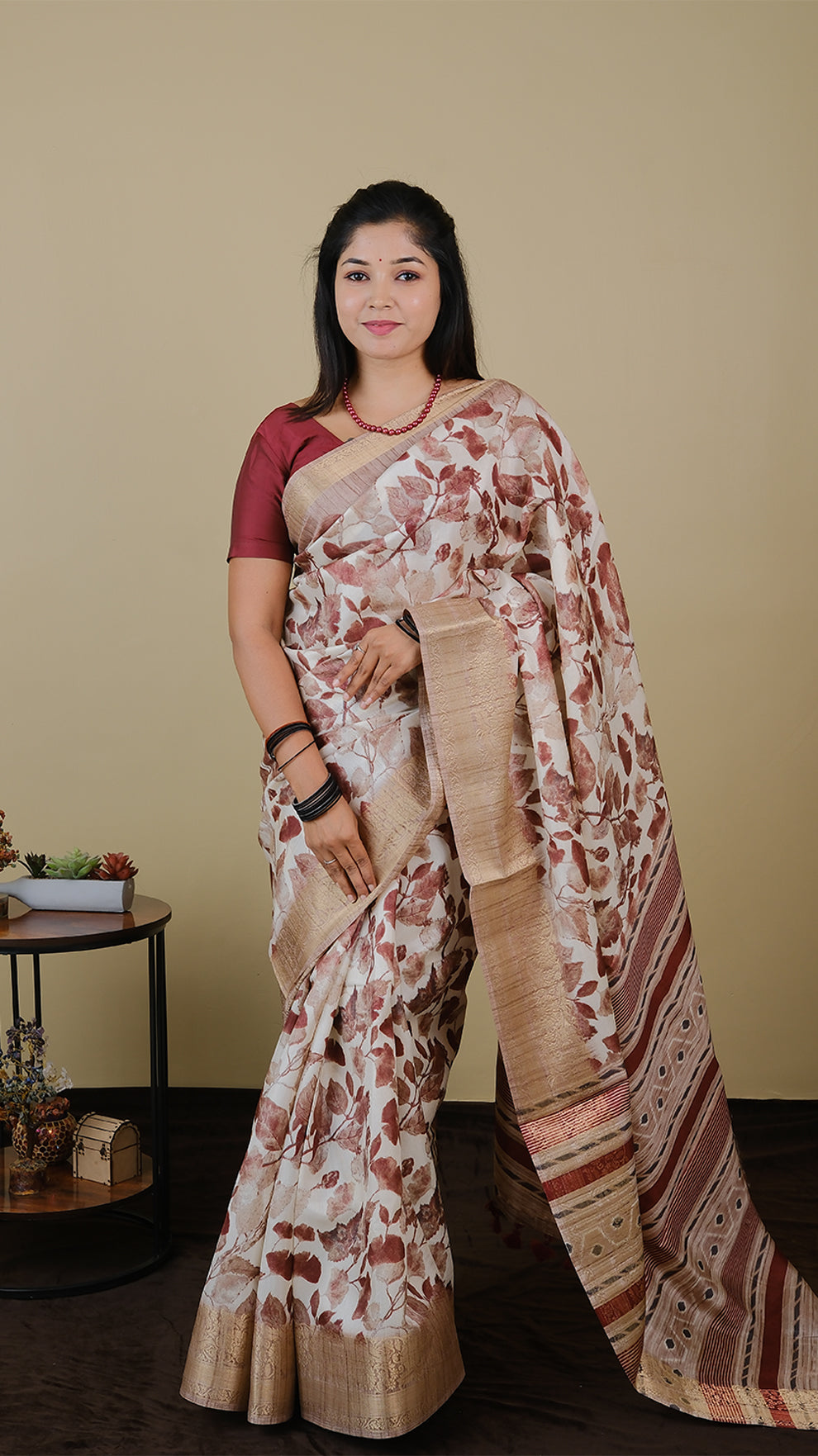 Digital saree in off white and brown with leaf motifs and light gold zari border - KRITHIKA (40012007)
