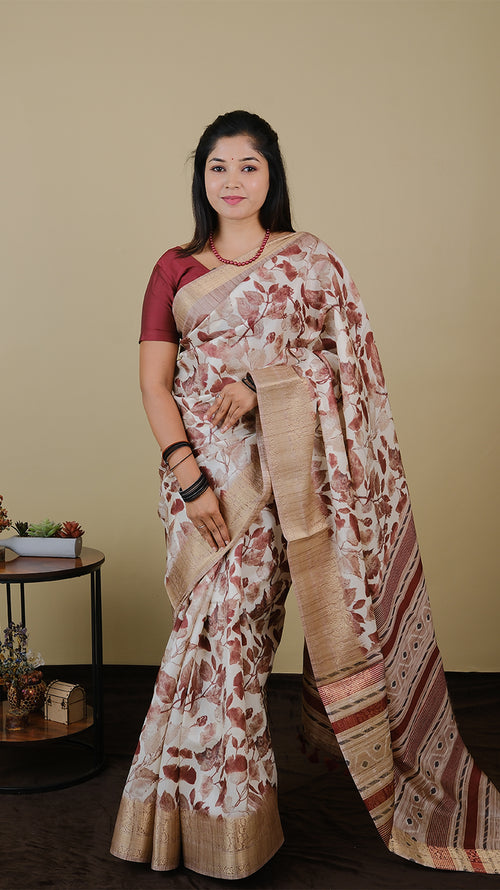 Digital saree in off white and brown with leaf motifs and light gold zari border - KRITHIKA (40012007)