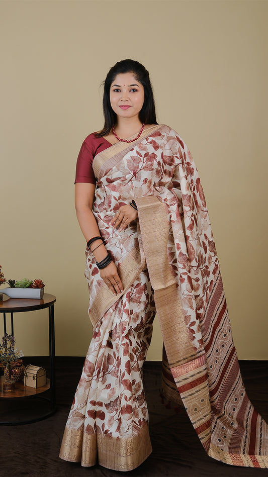 Digital saree in off white and brown with leaf motifs and light gold zari border - KRITHIKA (40012007)