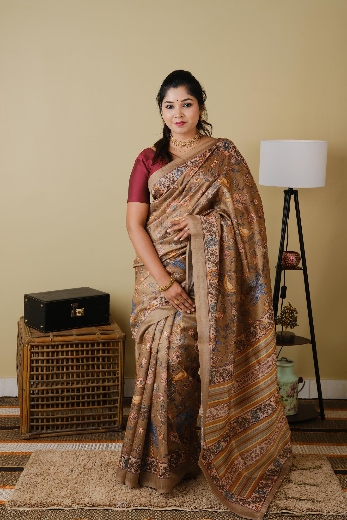 Digital print in wheat brown with all over motifs and floral border - BOOMIKA