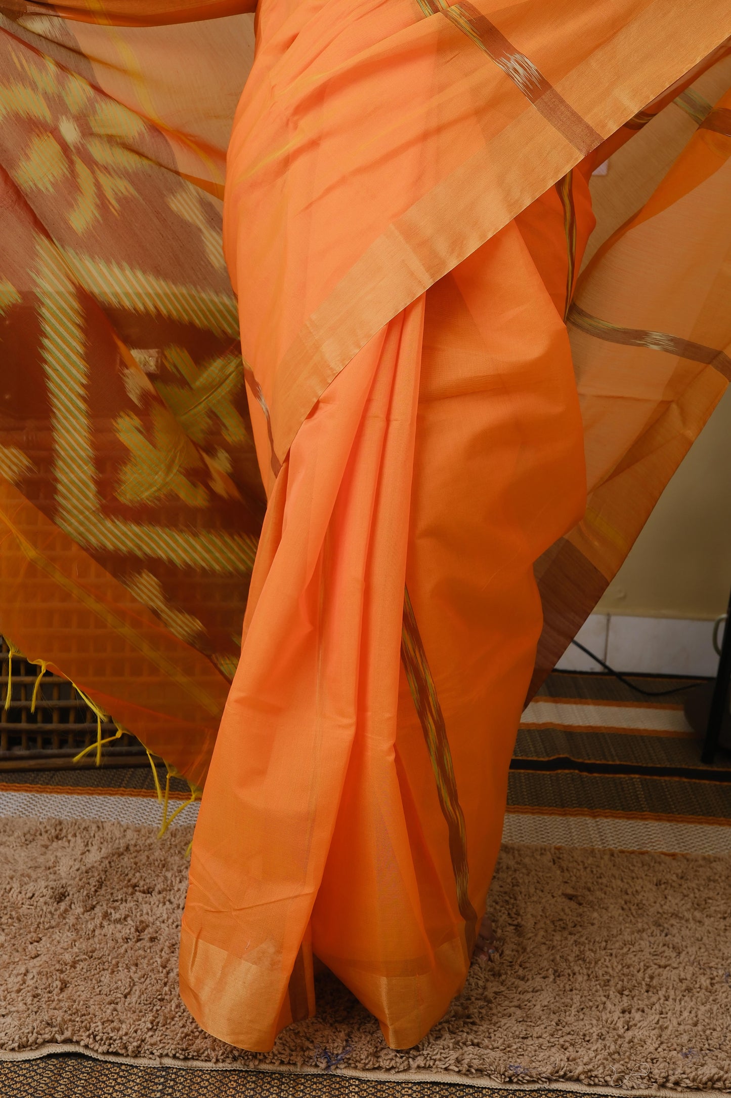 Handloom block print orange cotton saree with ikat style pallu - BOOMIKA