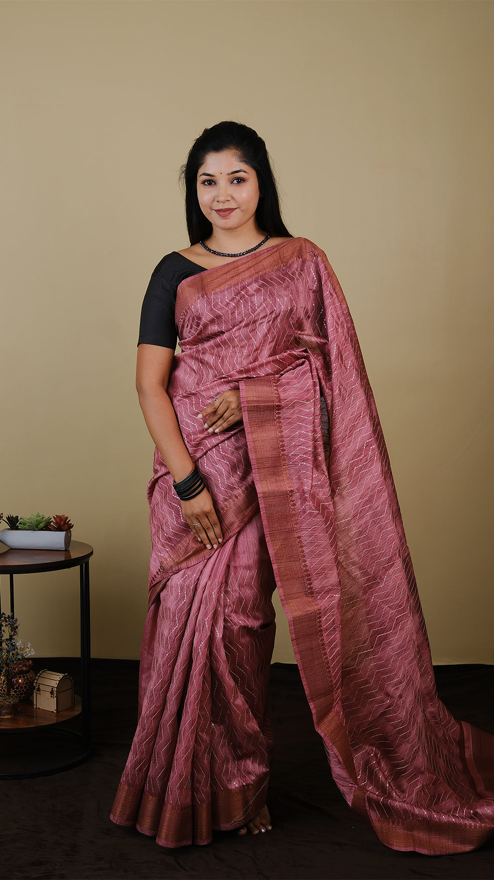 Semi silk dusty pink saree with all over thread and chumki work and anti gold woven zari border - AVANTHIKA (20009028)