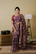 Tussar cotton in plum with floral motifs and saturn border - KRITHIKA (40012019)