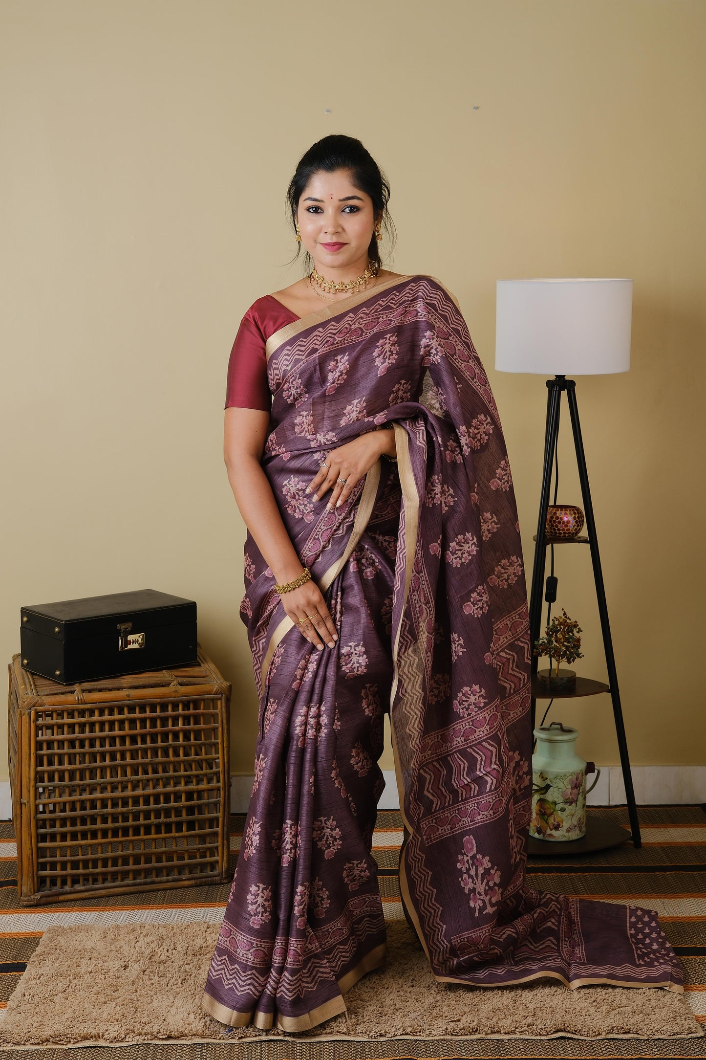 Tussar cotton in plum with floral motifs and saturn border - KRITHIKA
