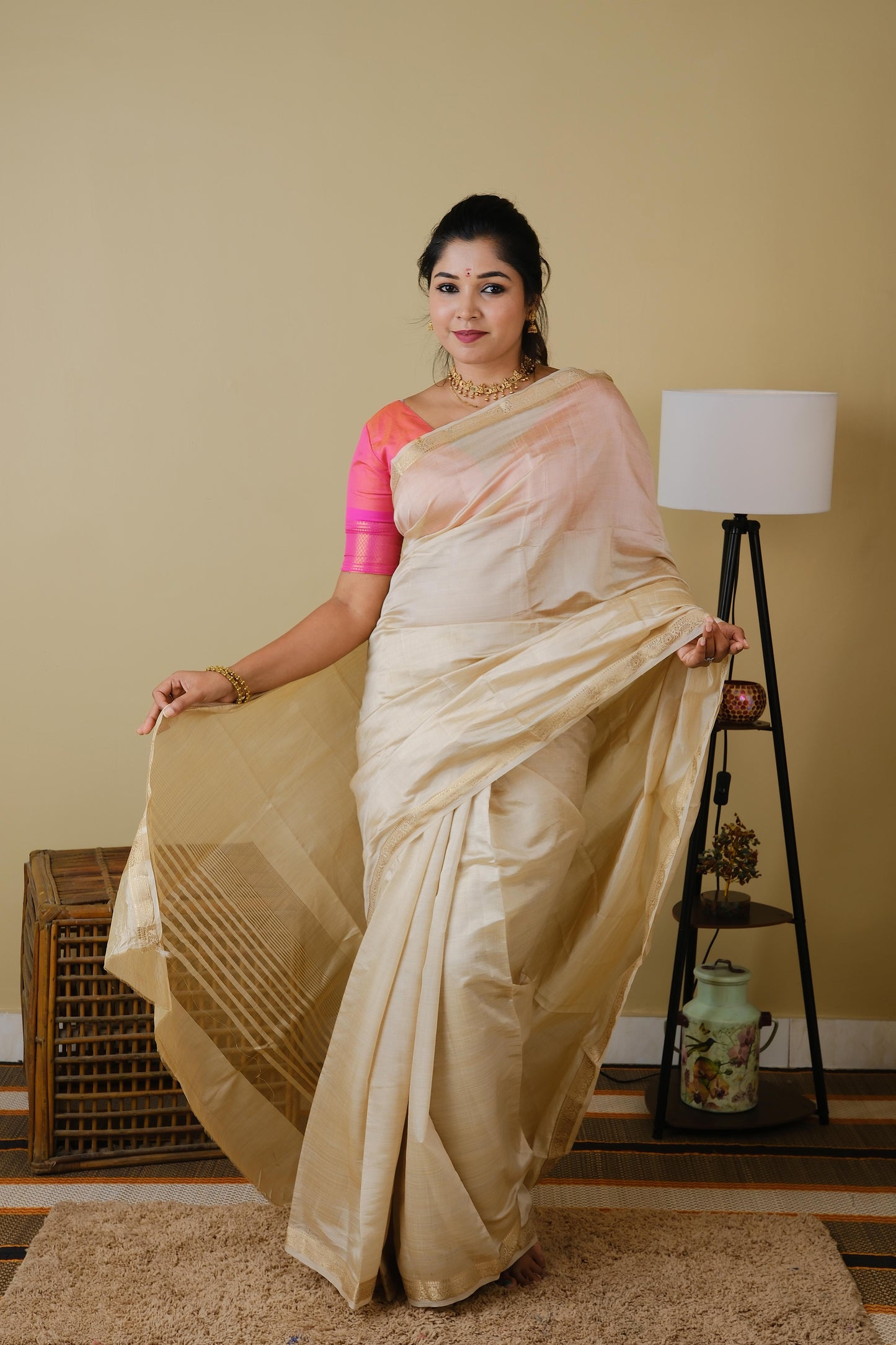 Exquisite soft silk cream saree with zari border - AVANTHIKA