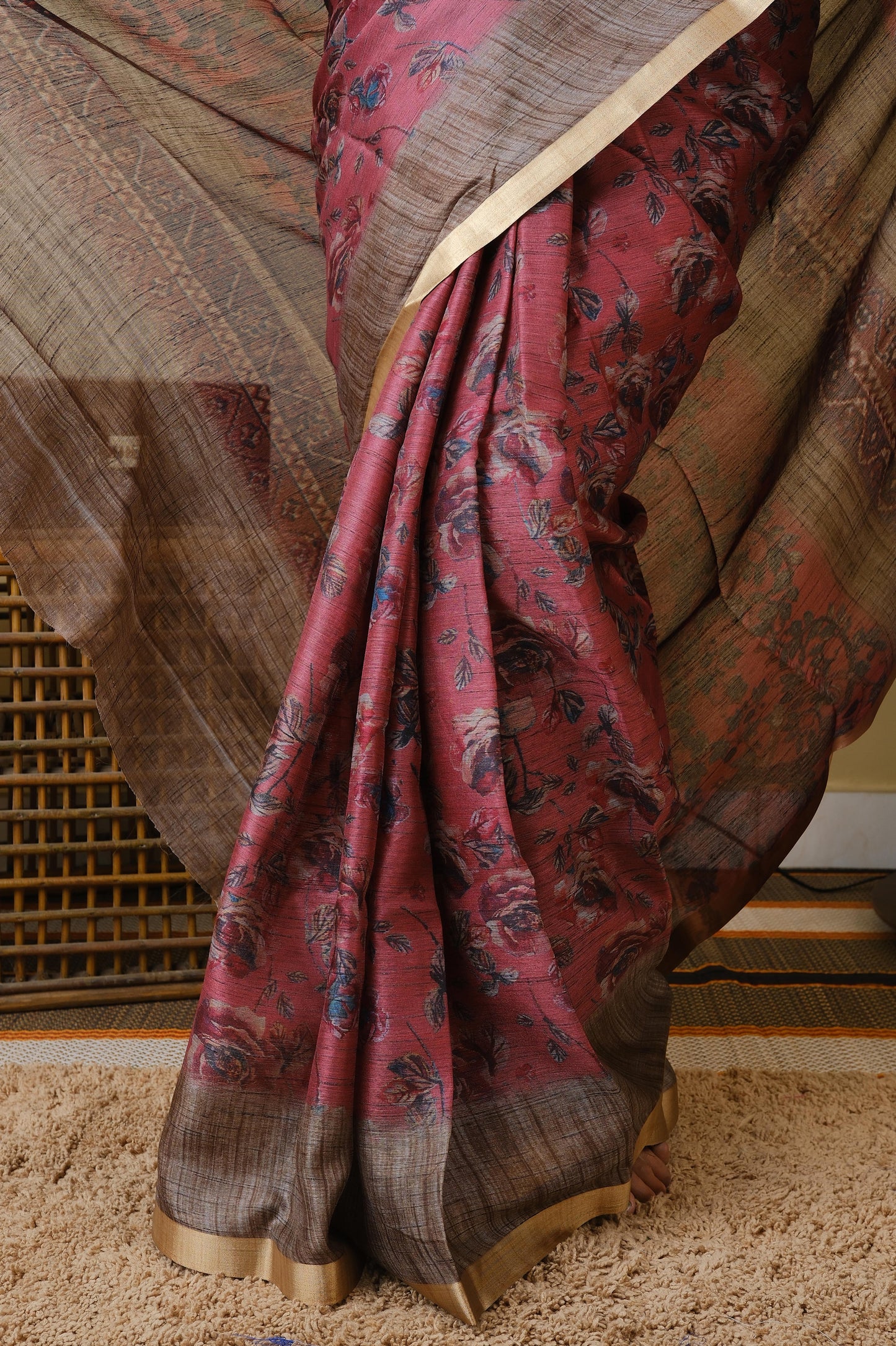Semi khadi cotton with rose digital print in burnt rose pink with jal border - BOOMIKA