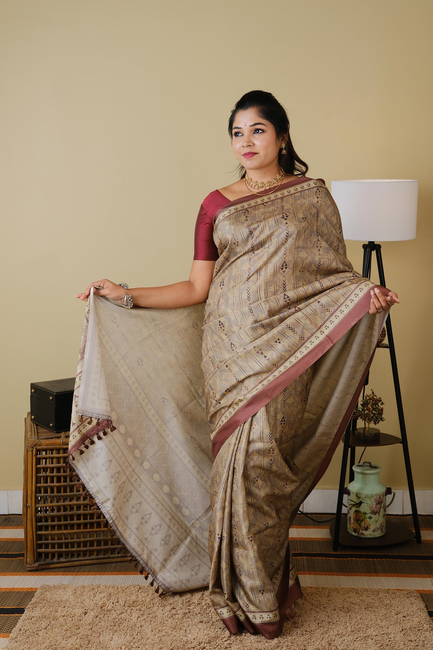 Digital print in light gold with minimalistic design and coffee brown border - BOOMIKA