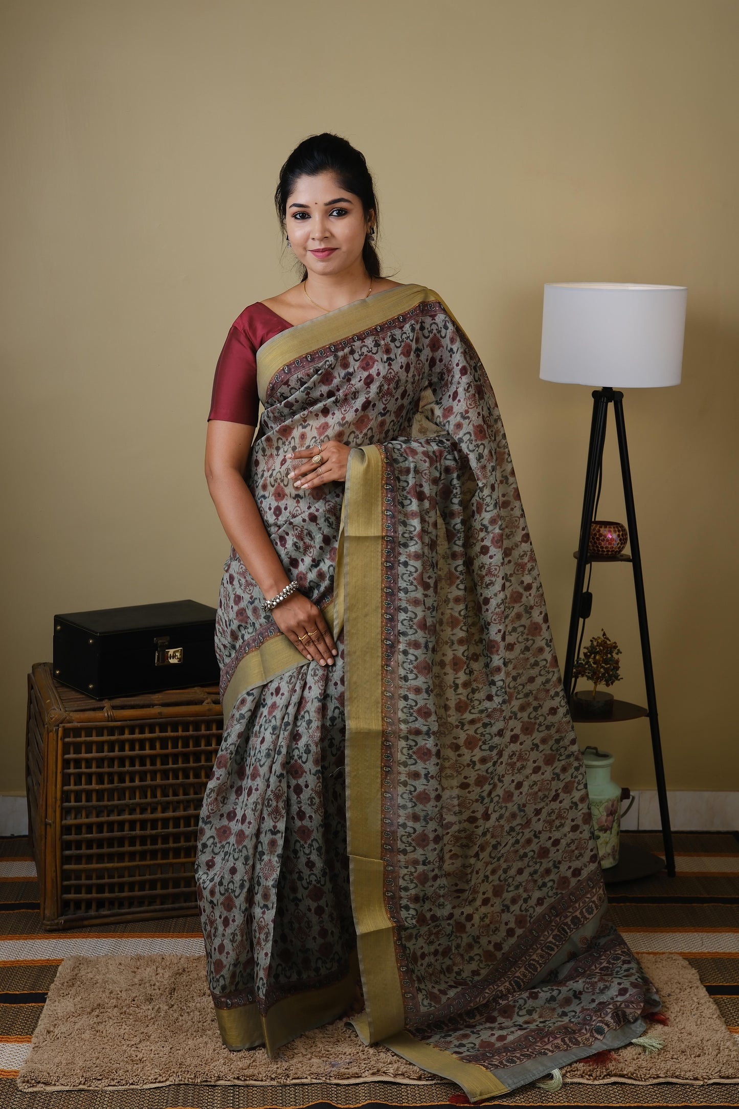Soft cotton in seige green with all over mughal print and self zari border - BOOMIKA