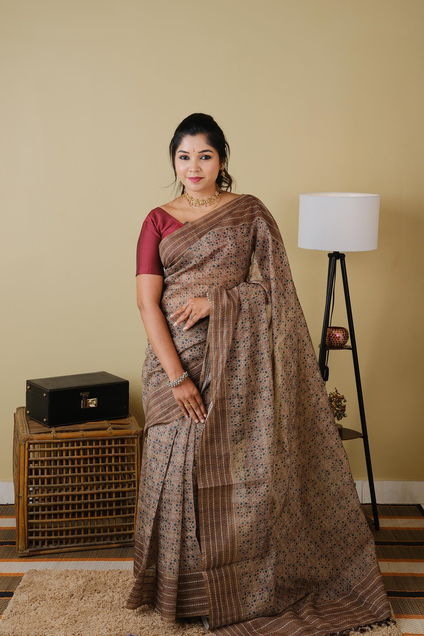 Soft cotton in mud brown with mughal print and mud brown embroided border - BOOMIKA