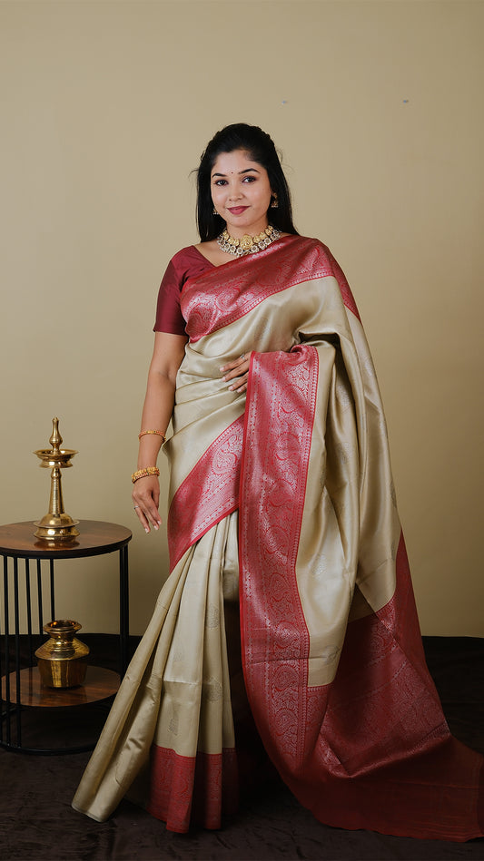 Mango silk brocade in deep cream with vairaoosi and silver motif body with blood red contrast pallu and double silver zari border - AVANTHIKA (20009023)