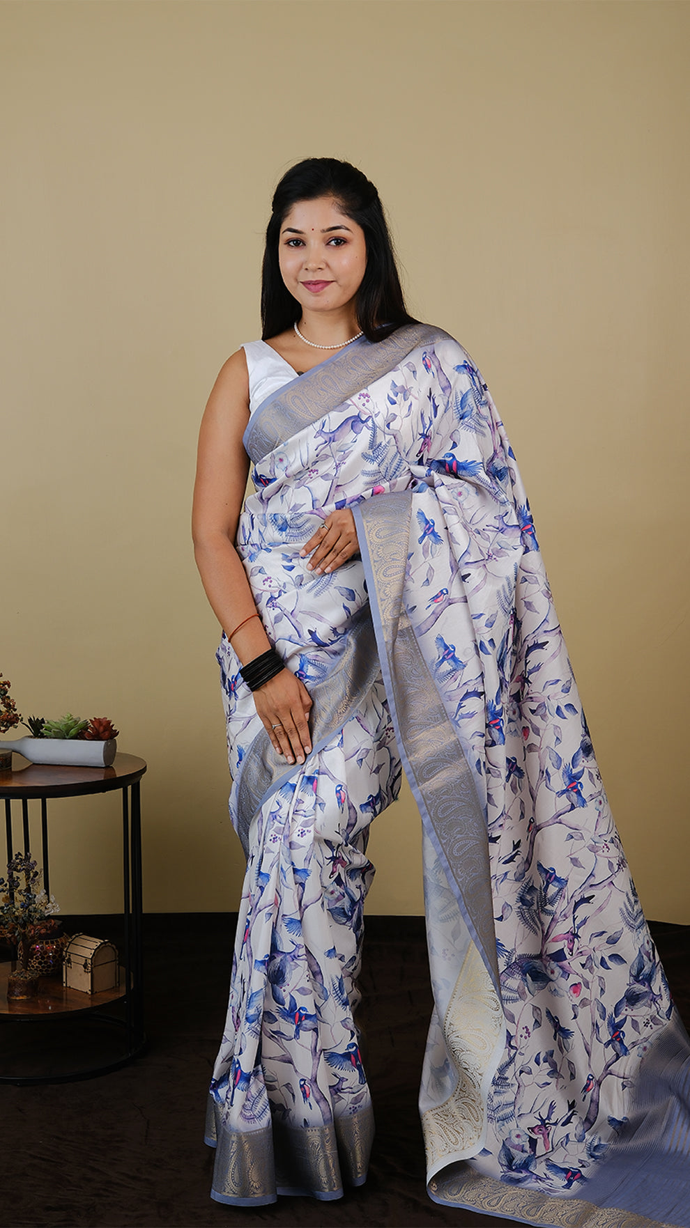 Digial print off white saree with all over bird print and grey zari border - AVANTHIKA (20012007)