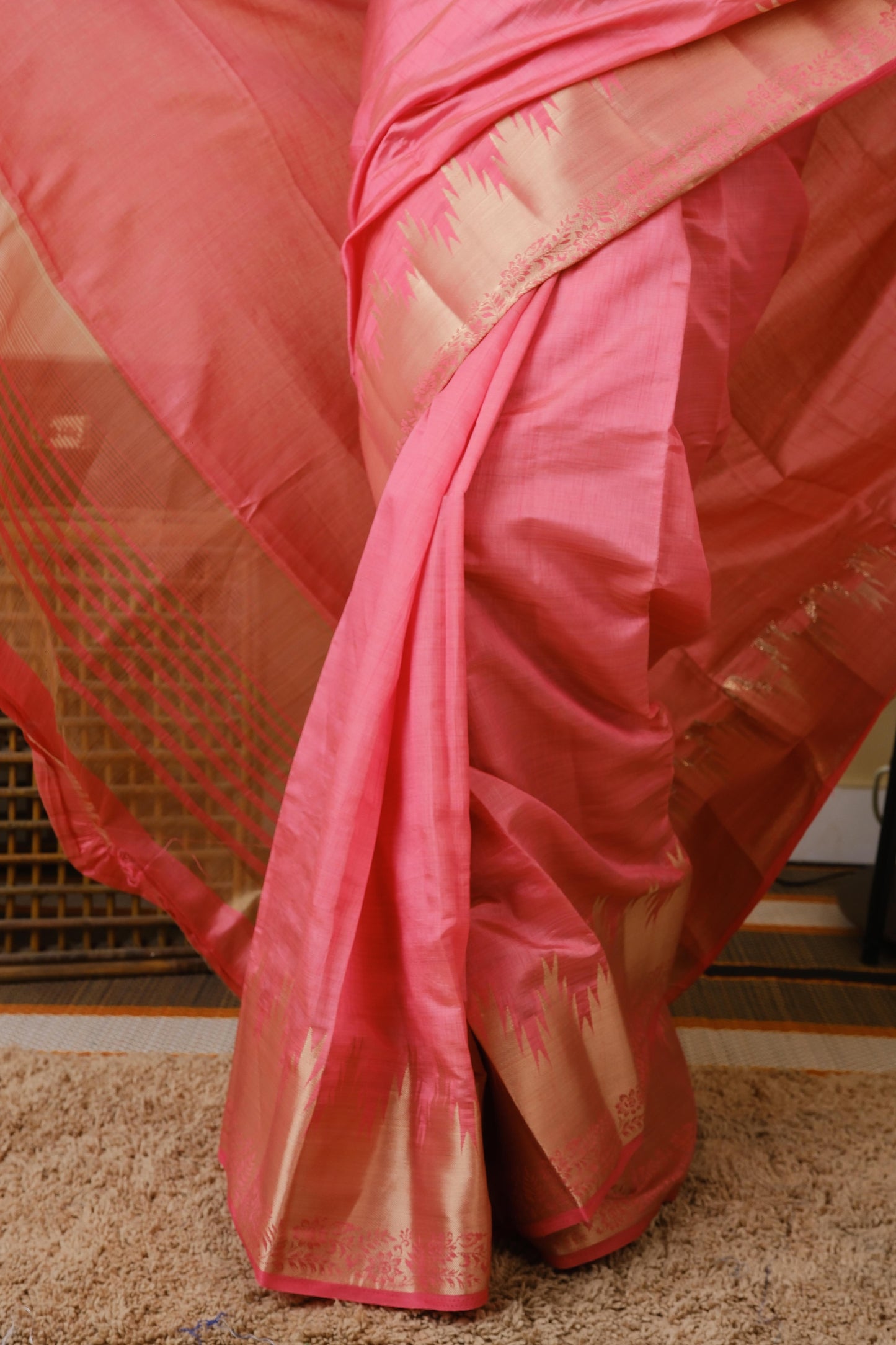 Soft silk in hot pink with tanjore zari border and striped pallu - AVANTHIKA