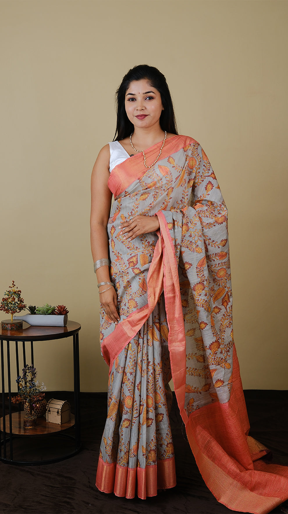 Mulmul cotton in light grey with floral motif and peach orange zari border - KRITHIKA (40012018)