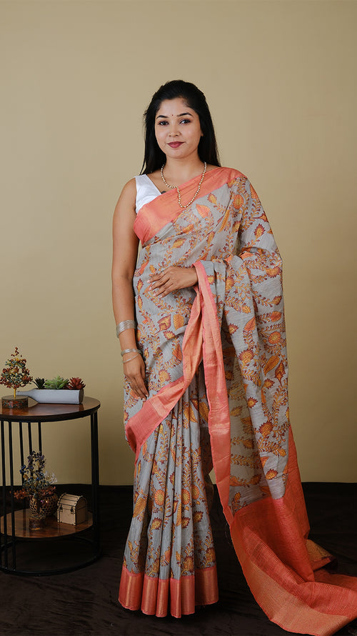 Mulmul cotton in light grey with floral motif and peach orange zari border - KRITHIKA (40012018)