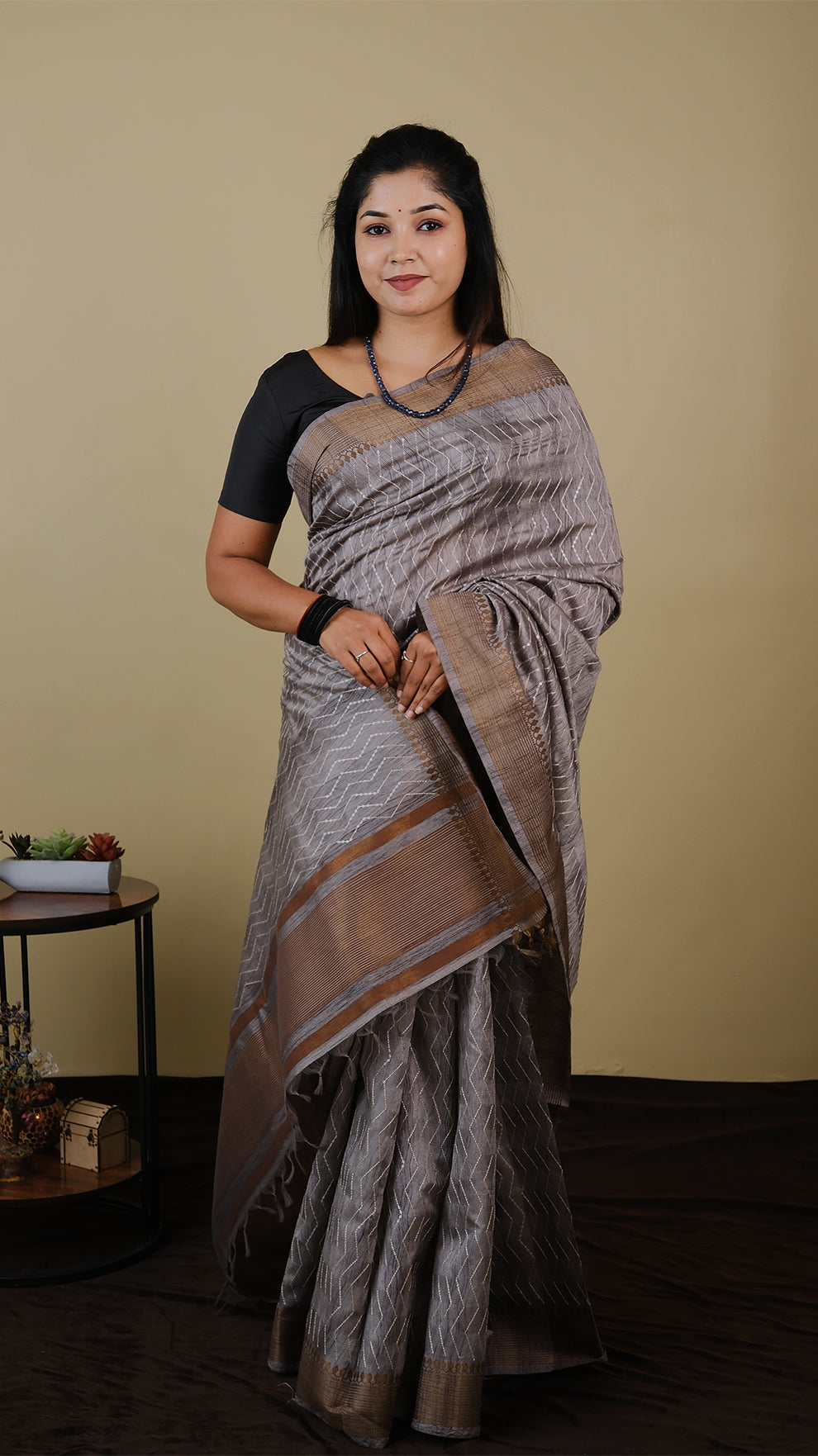 Semi silk grey saree with all over thread and chumki work and anti gold woven zari border - KRITHIKA (40009022)