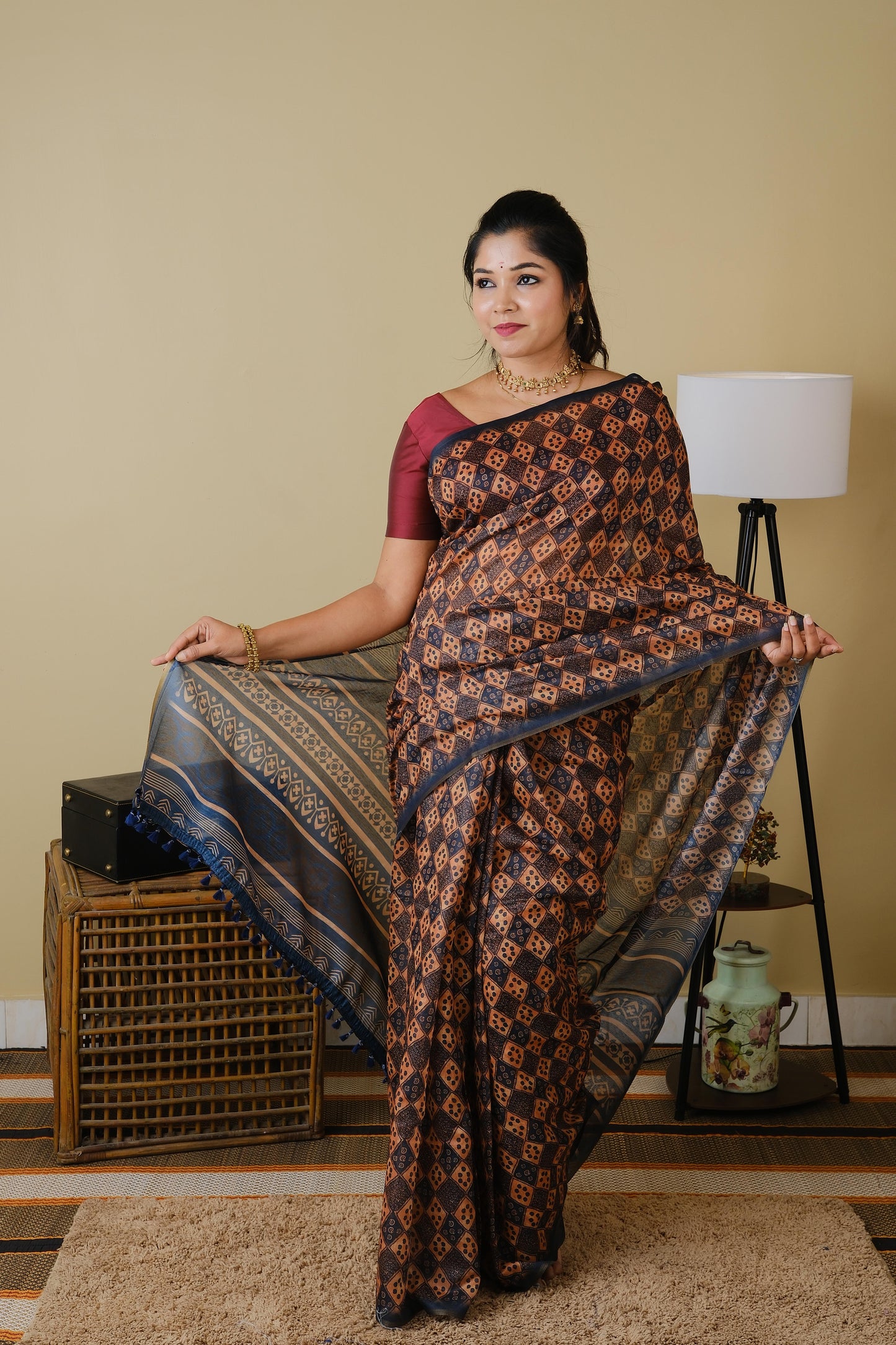Chanderi silk in bottle green and carrot orange with all over digital print -  BOOMIKA