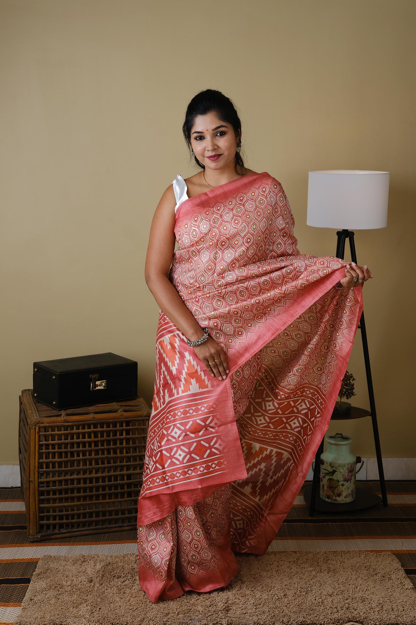 Tussar mix dark pink all over mughal print with dark peach pallu - BOOMIKA