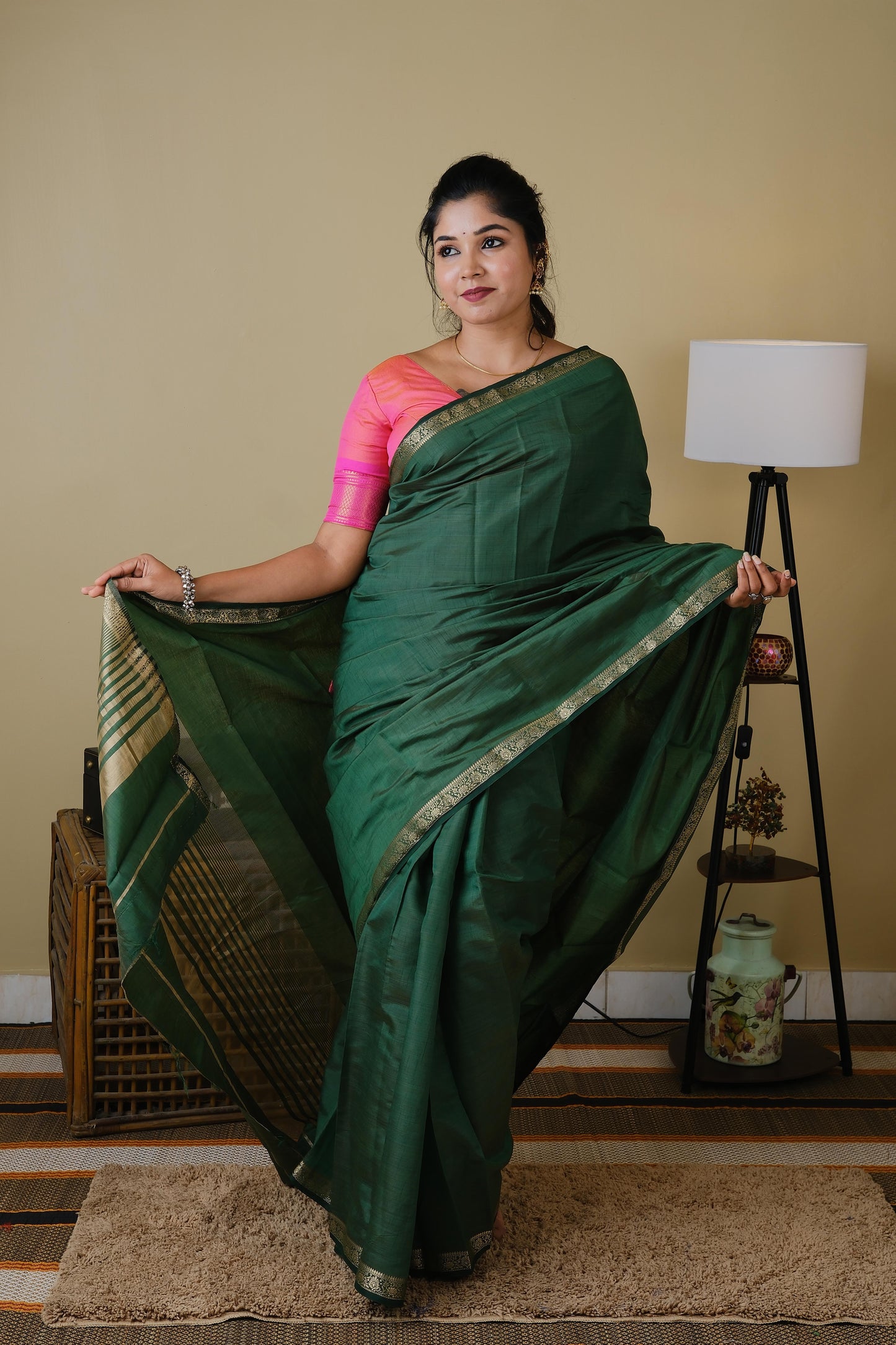 Exquisite soft silk olive green saree with zari border - AVANTHIKA