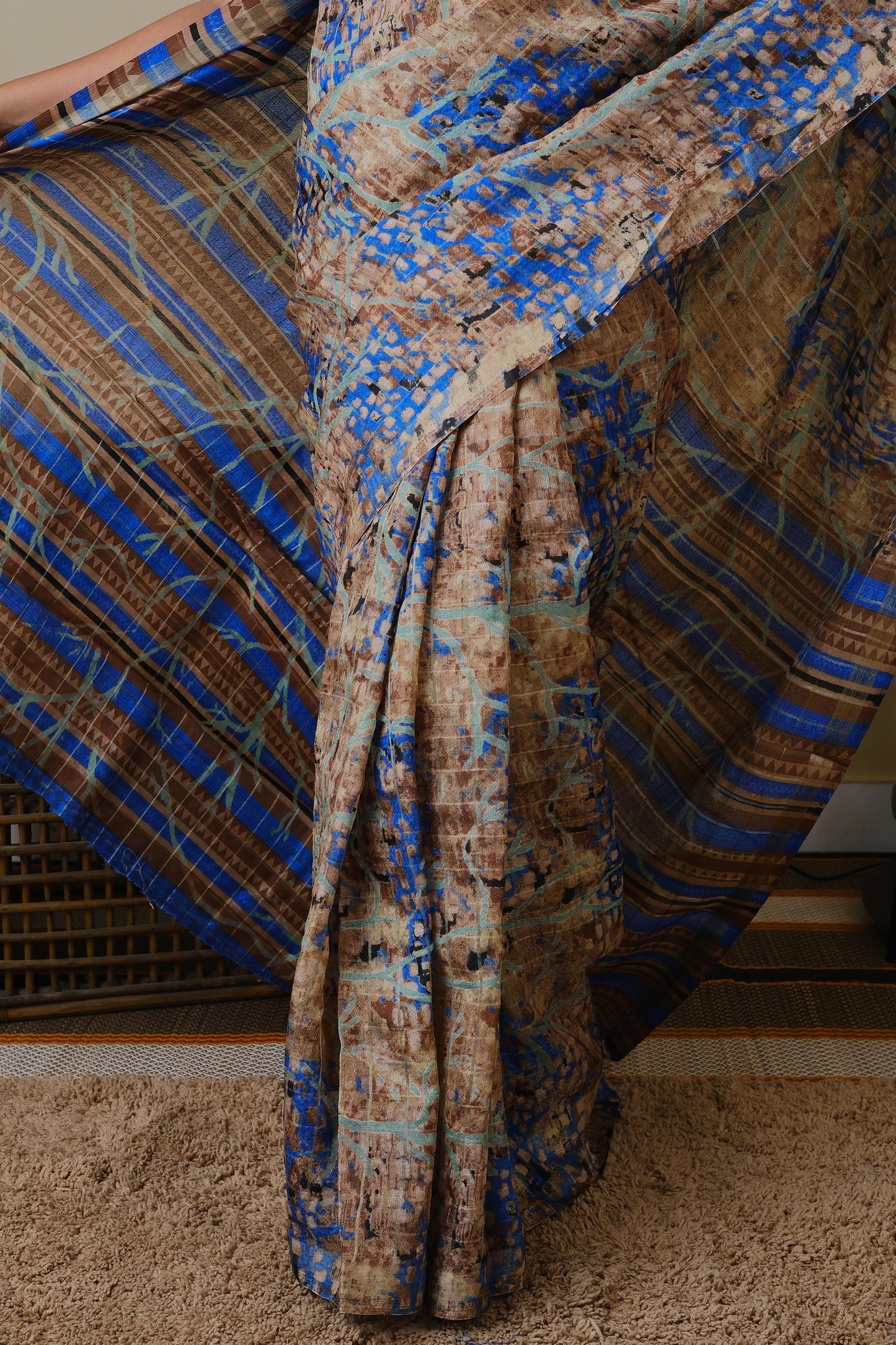 Digital print abstract wash and wear in light brown and royal blue - BOOMIKA