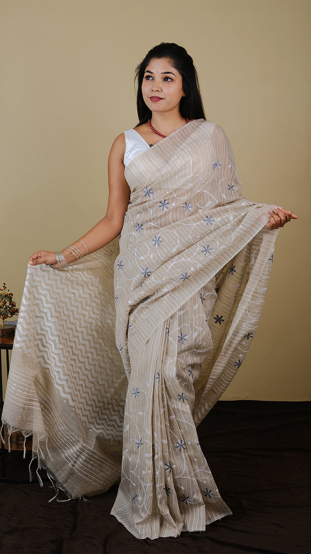 Everyday comfort jute khadi cotton in beige colour with dark grey and white embroidery - BOOMIKA (30010011)