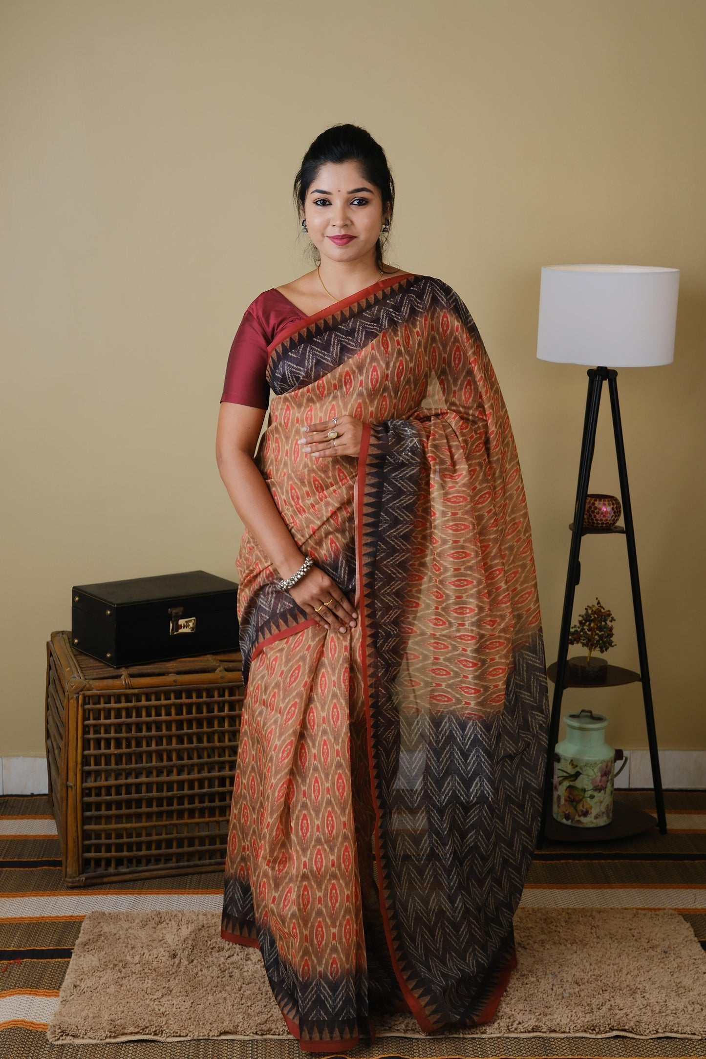 Soft cotton rustic brown tone body with charcoal grey and rust brown temple border - BOOMIKA