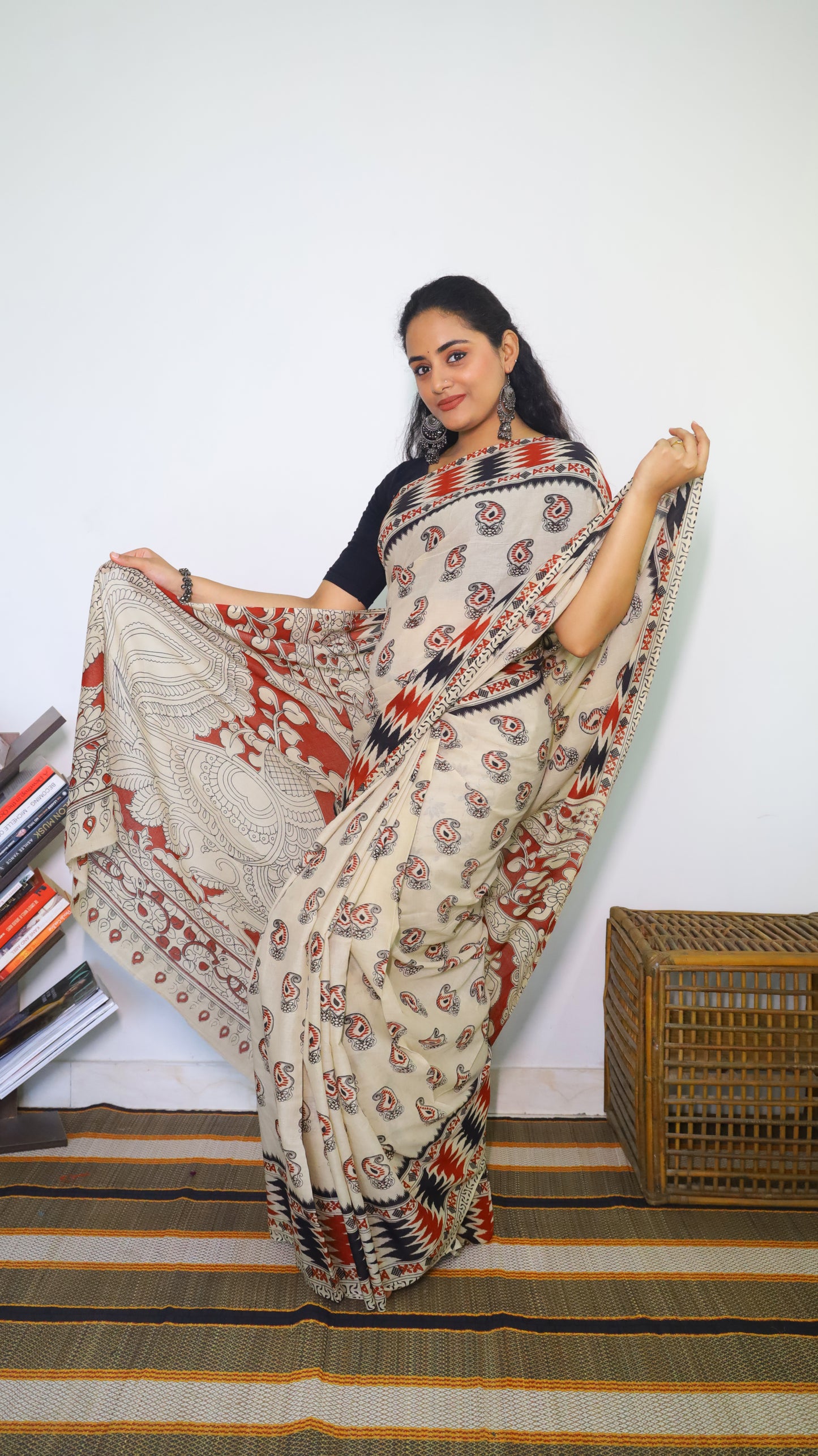 Elegant beige base soft cotton Kalamkari saree featuring paisley motifs in maroon and black - BOOMIKA