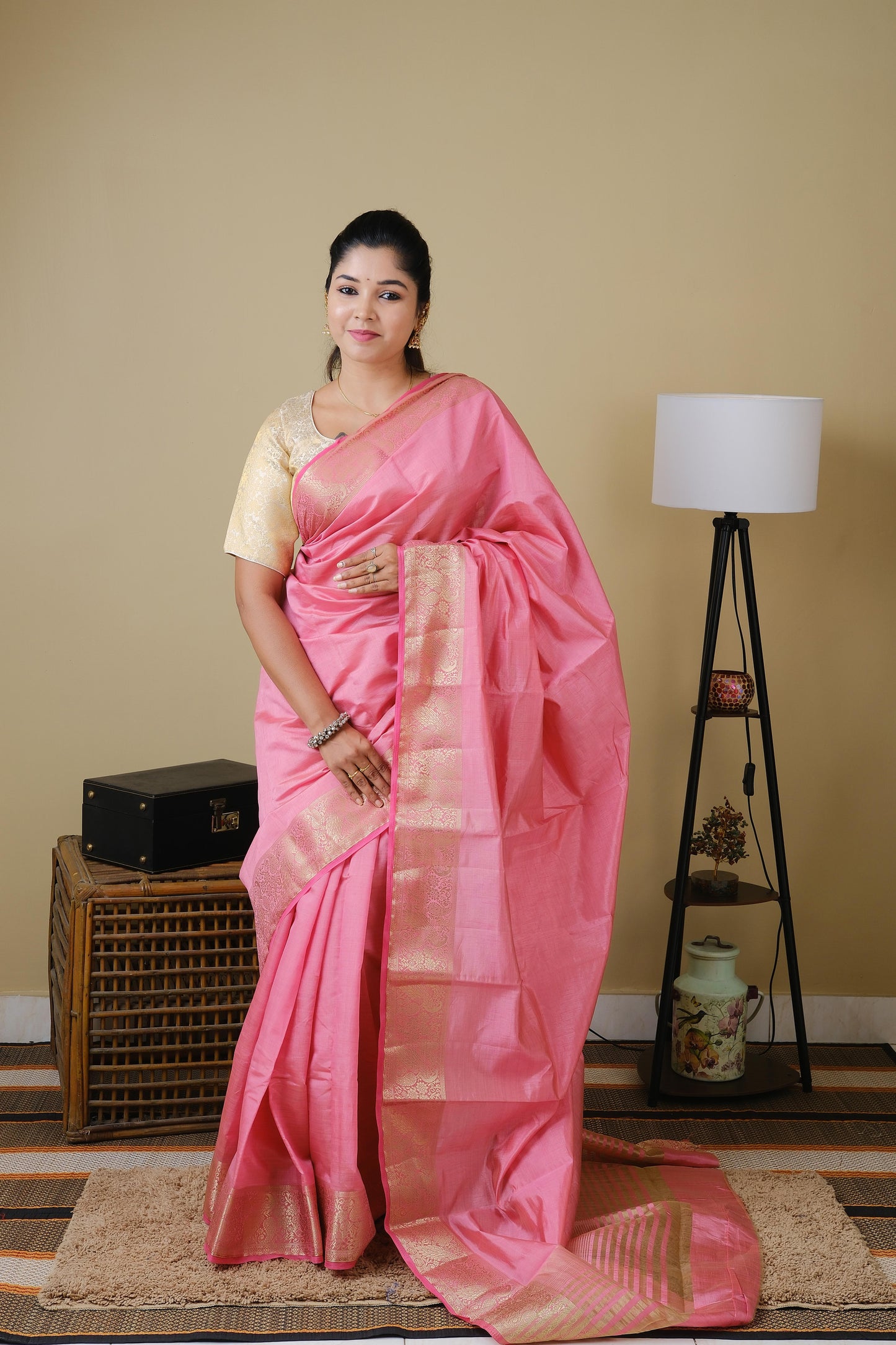 Semi soft silk in light pink with double zari border and striped pallu - AVANTHIKA