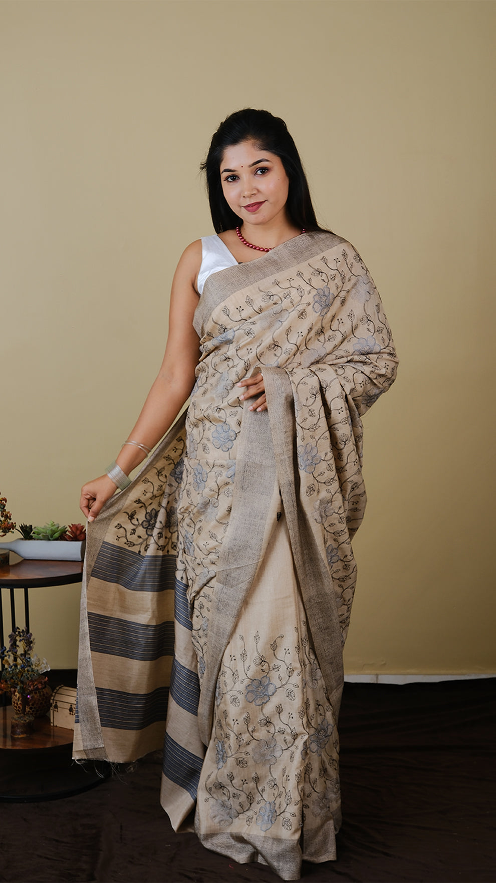Semi tussar silk with hand embroidery in light beige with kashmiri floral cross stich embroidery and a textured border - KRITHIKA (40010009)