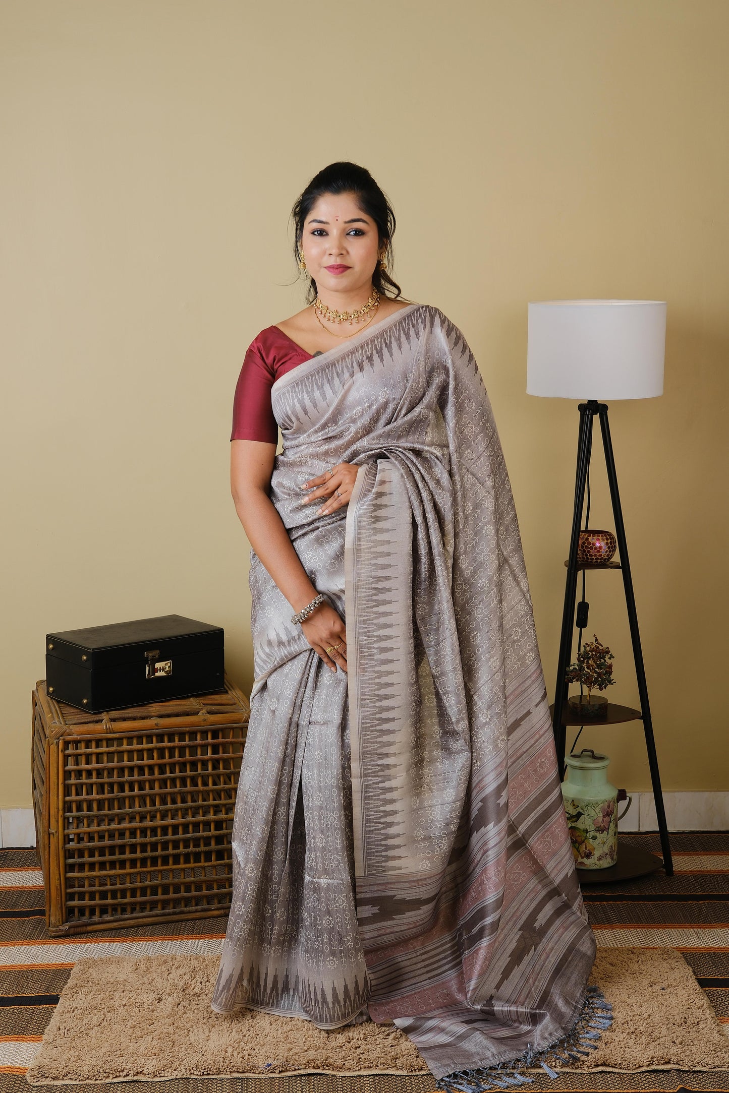 Light grey tribal digital print with ikat border saree - BOOMIKA