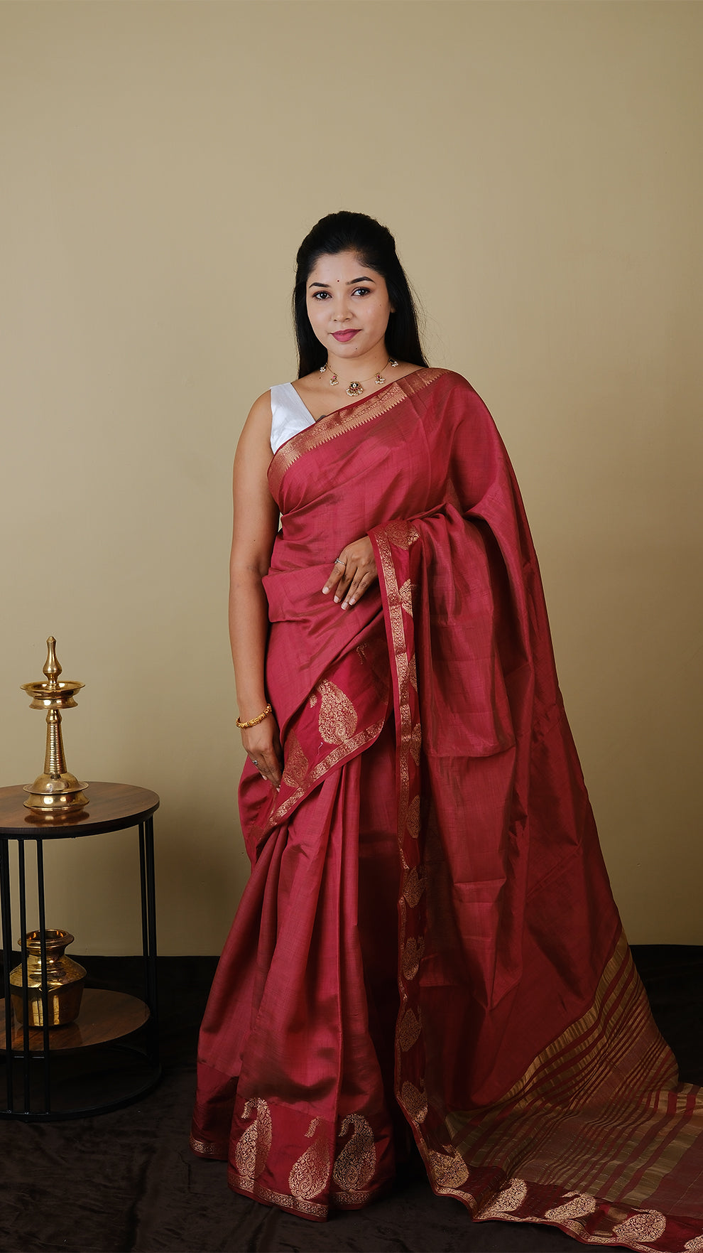 Silk cotton in pomegranete red with traditional mangai zari border and striped zari pallu - AVANTHIKA (20009024)