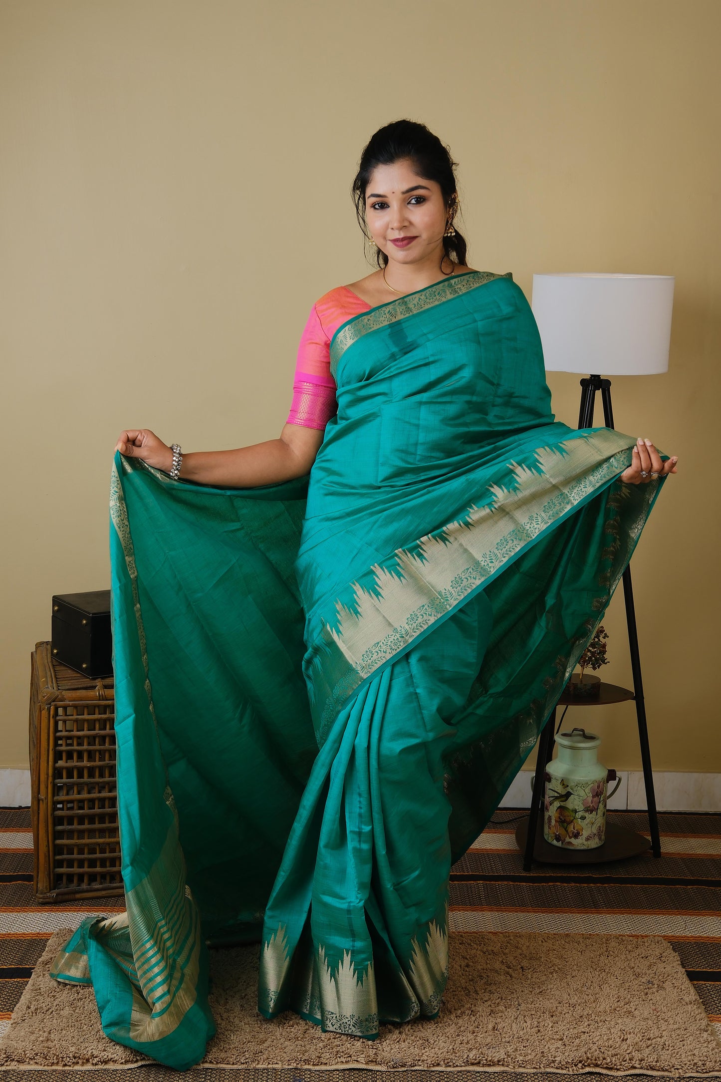 Soft silk in emerald green with tanjore zari porder and striped pallu - AVANTHIKA
