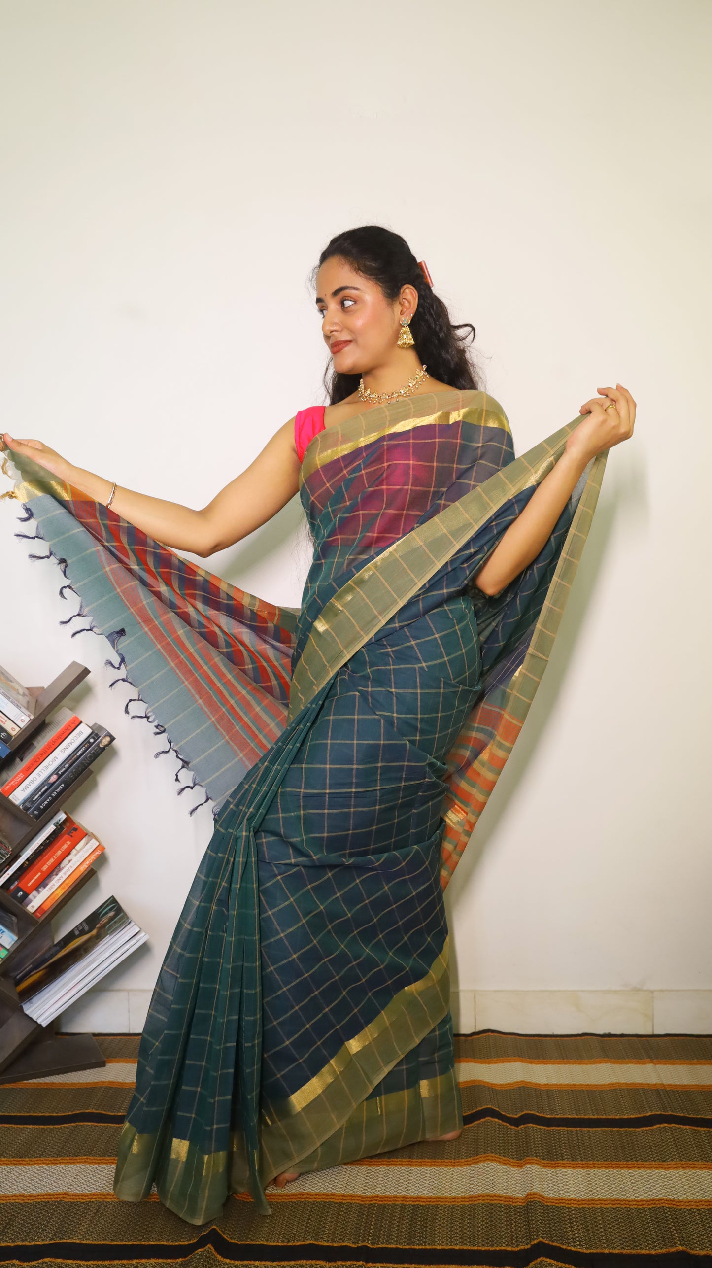 Lightweight manipuri cotton saree designed with golden check patterns across the body - BOOMIKA