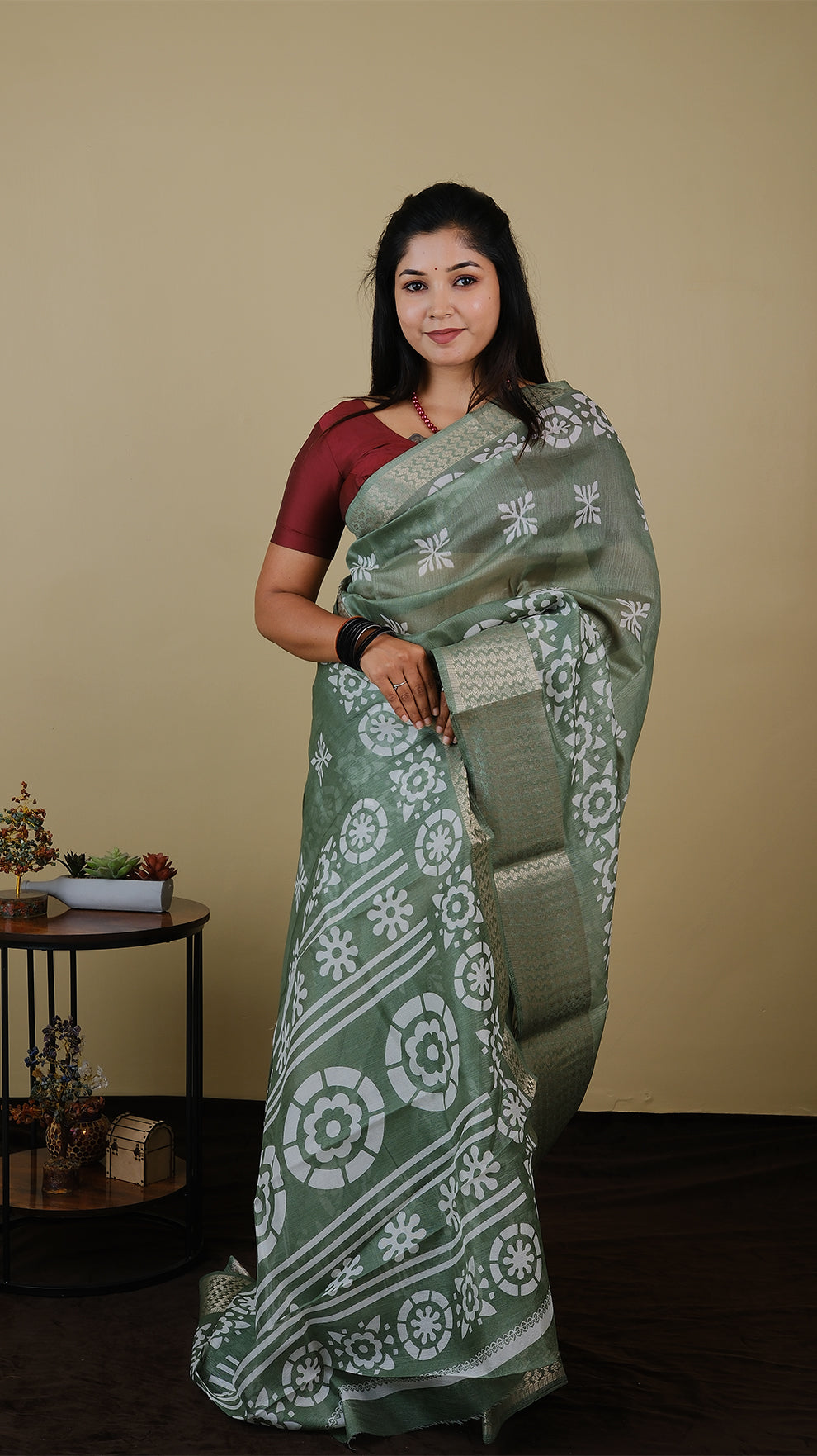 Kilimanjaro Cotton in Mint Green with white batik style print in gold zari border - BOOMIKA (30010044)