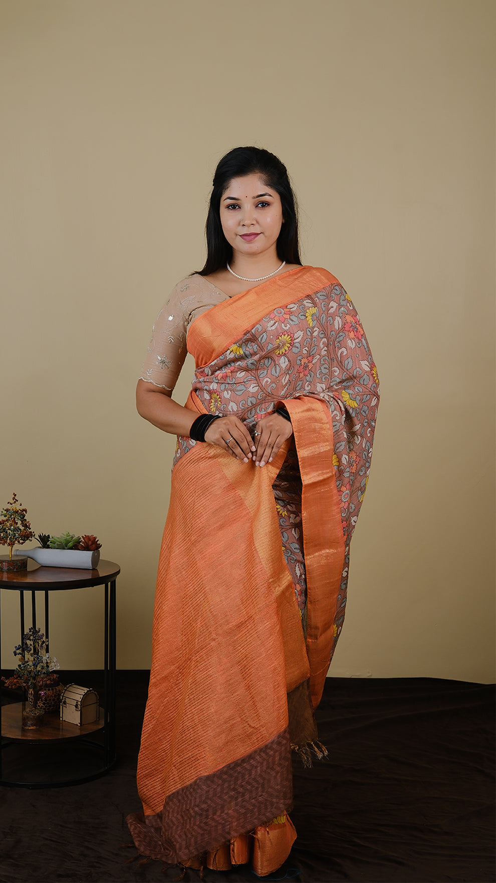 Mulmul cotton in mocha brown with floral motif and peach orange zari border - KRITHIKA (40012010)