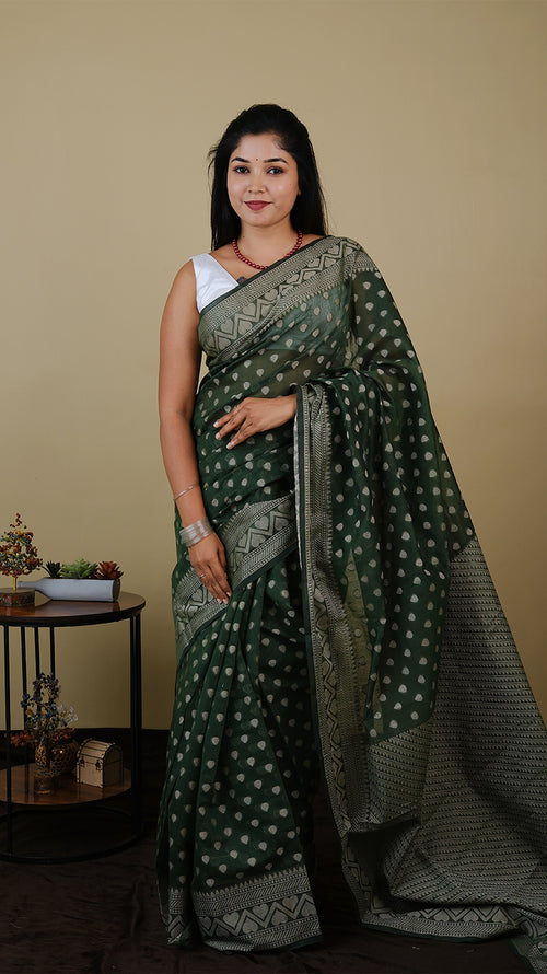 Manipuri cotton in olive green with all over threadwork - KRITHIKA (40010005)