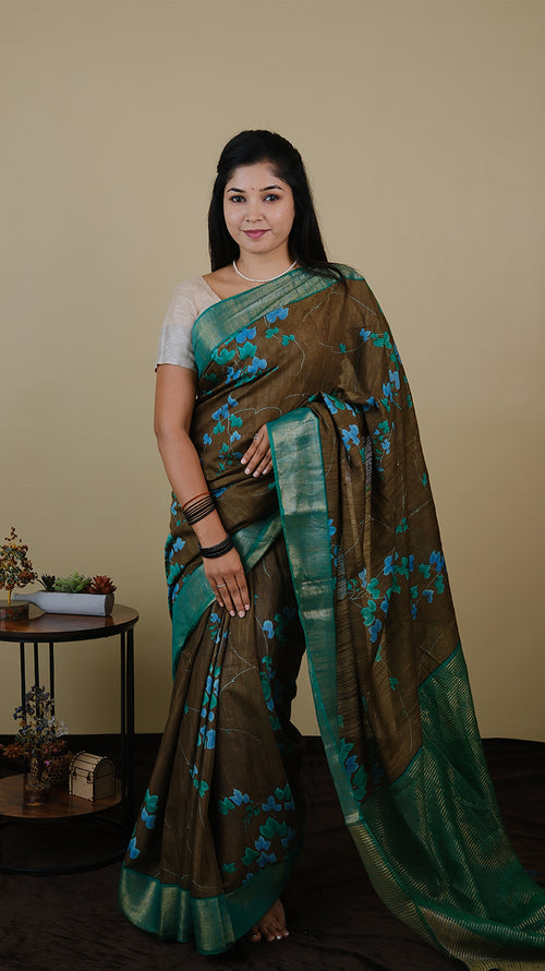 Chanderi silk in coffee brown with digital print and emerald green double zari border and steel blue zari pallu - KRITHIKA (40012014)