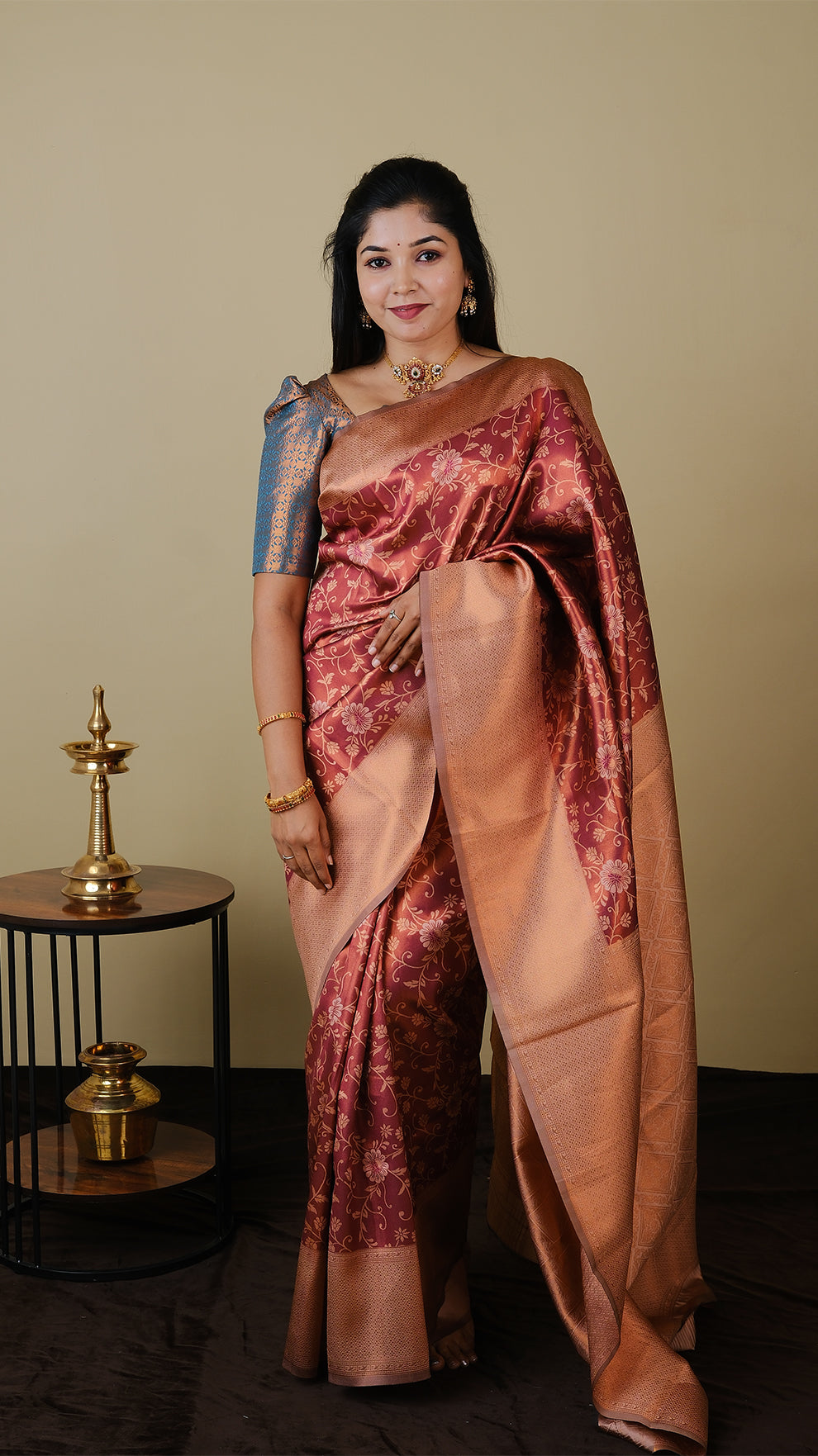 Exquisite Soft Silk in rust brown and rose gold brocade with rose gold contrast double zari border and pallu - AVANTHIKA (20009021)