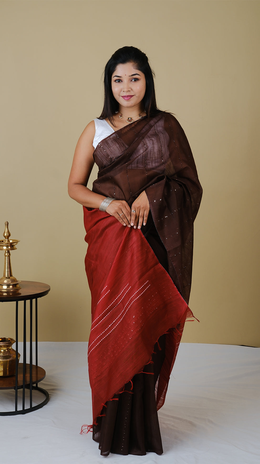 Linen cotton in coffee brown body with rust pallu with threadwork and chamki work - BOOMIKA (30010027)