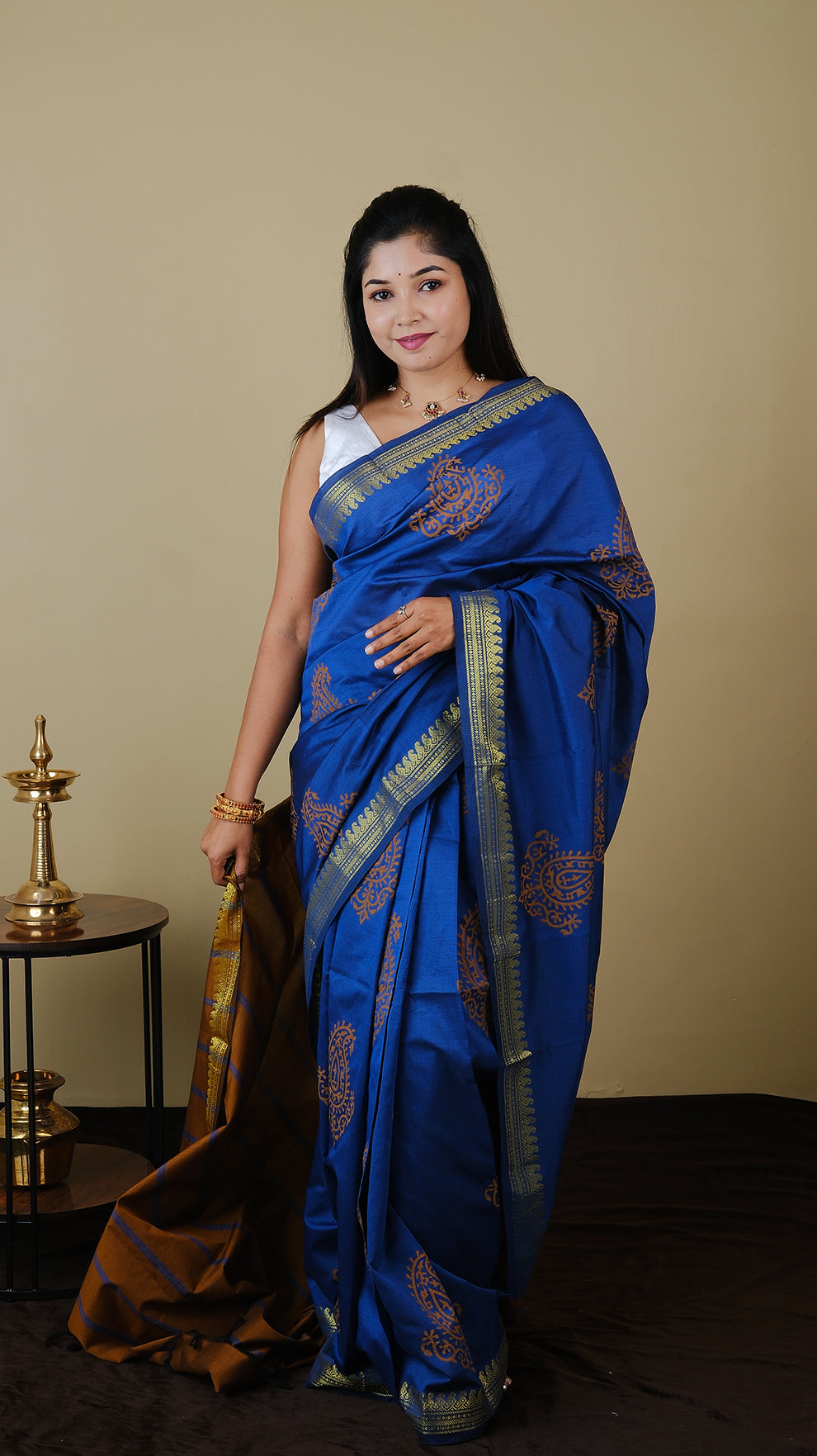 Cotton Silk in Dark Blue and Rust Brown contrast pallu with zari border and block print in large pasley - KRITHIKA (40010008)