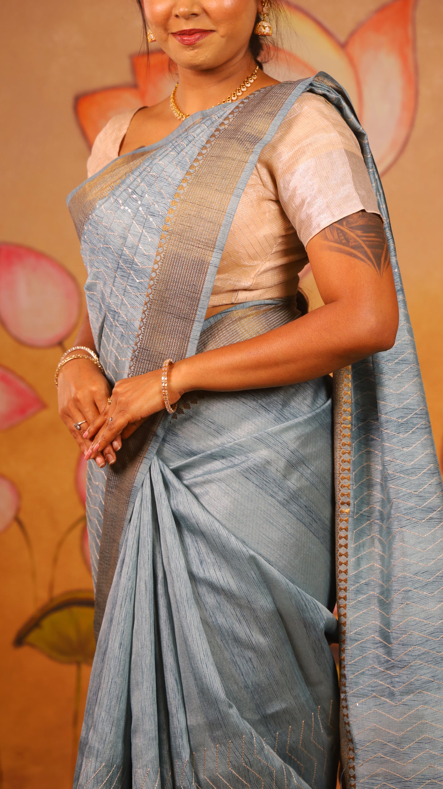 Elegant bright and breezy, this turquoise blue saree with an earthy dull gold border. Perfect for poojas, or gifting - PREETHIKA