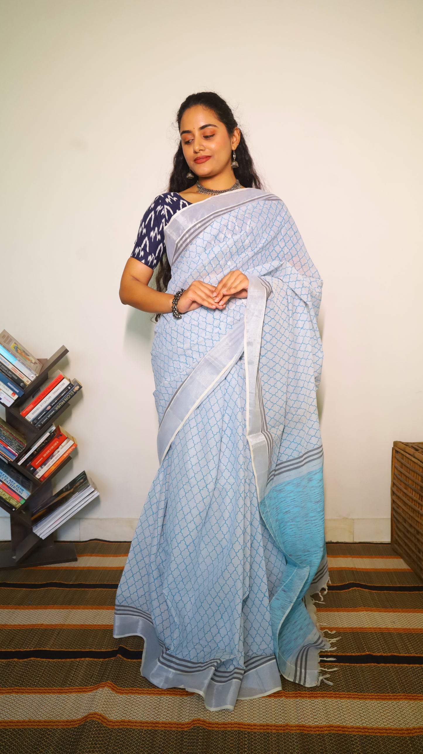 Easy wear light blue cotton block print saree with striped pallu and silver border  - BOOMIKA