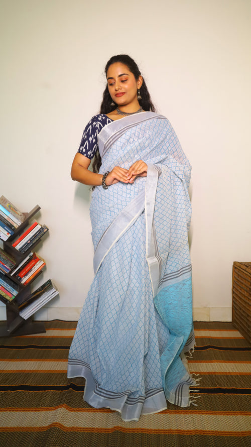 Easy wear light blue cotton block print saree with striped pallu and silver border  - BOOMIKA