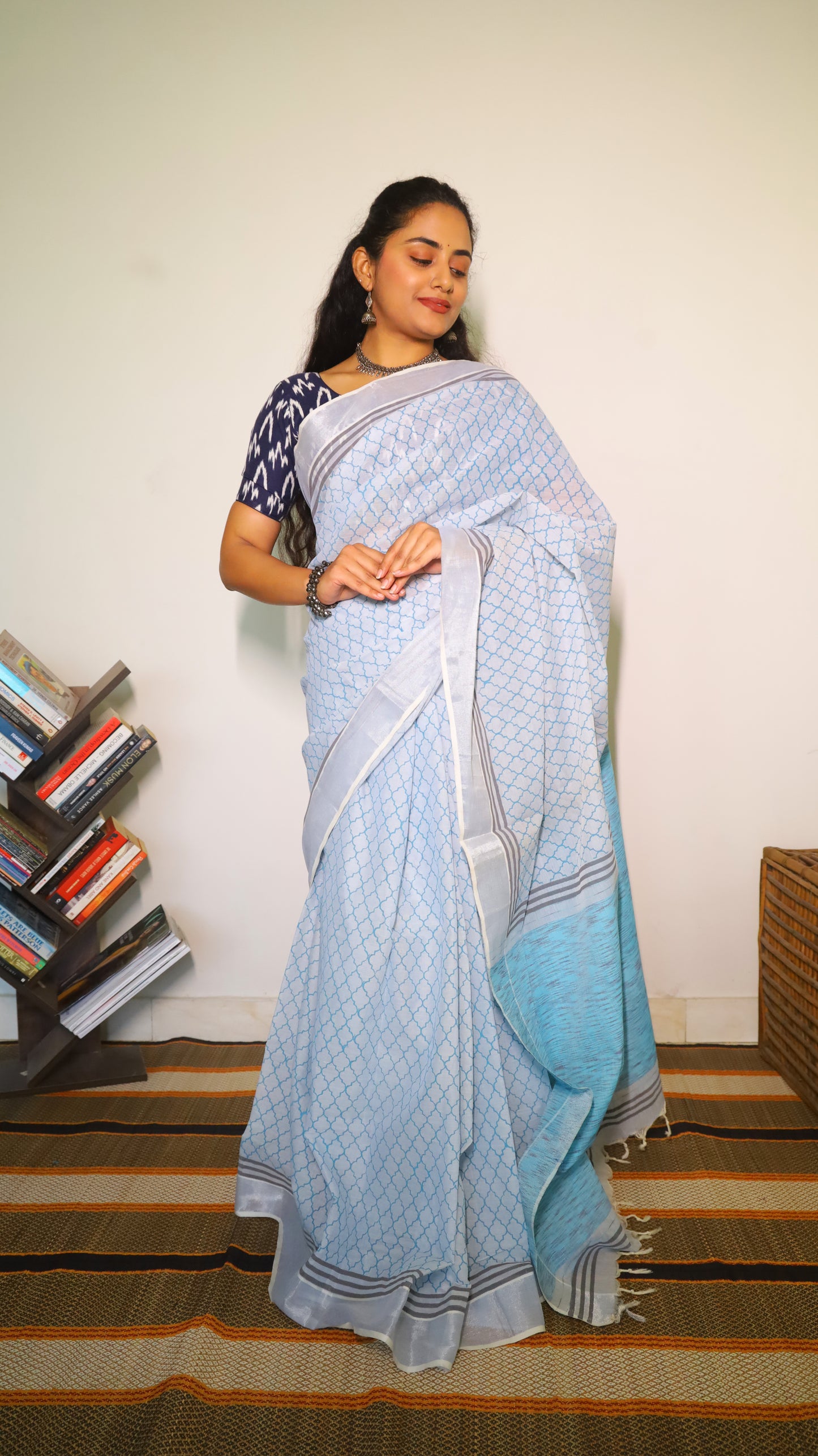 Easy wear light blue cotton block print saree with striped pallu and silver border  - BOOMIKA