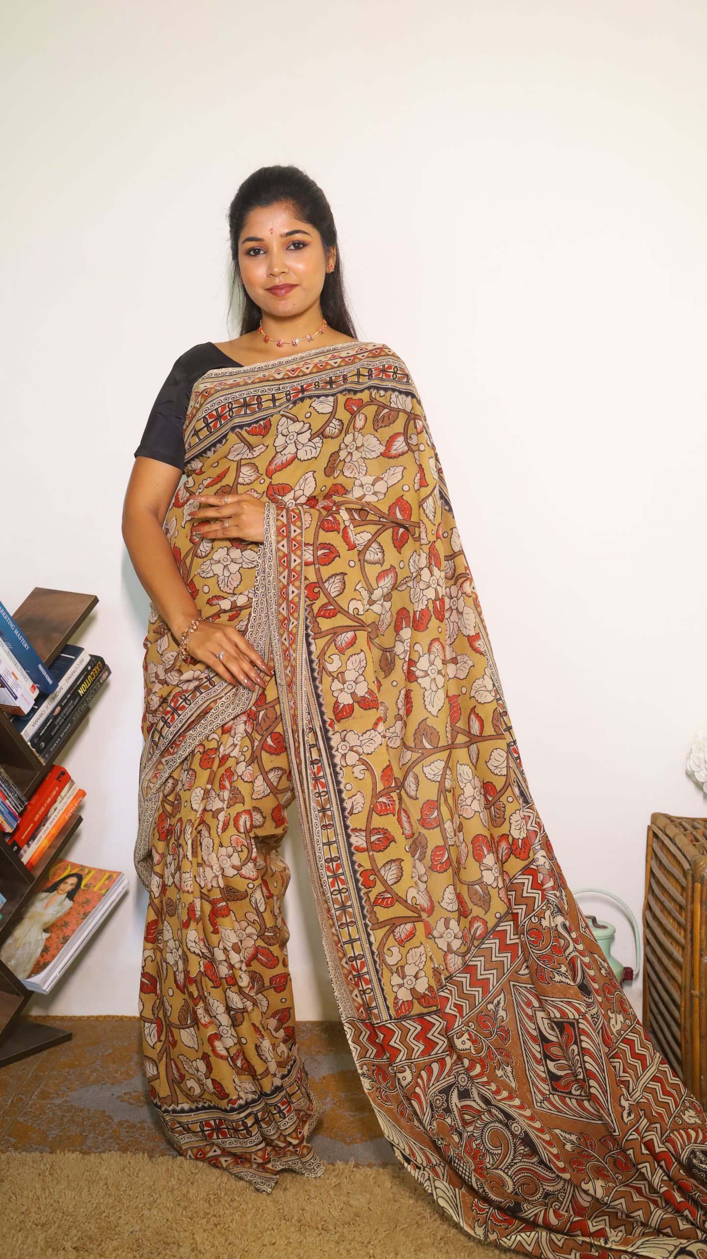 Vibrant mustard yellow soft cotton Kalamkari print saree with flowers and peacocks in light grey and black  - BOOMIKA